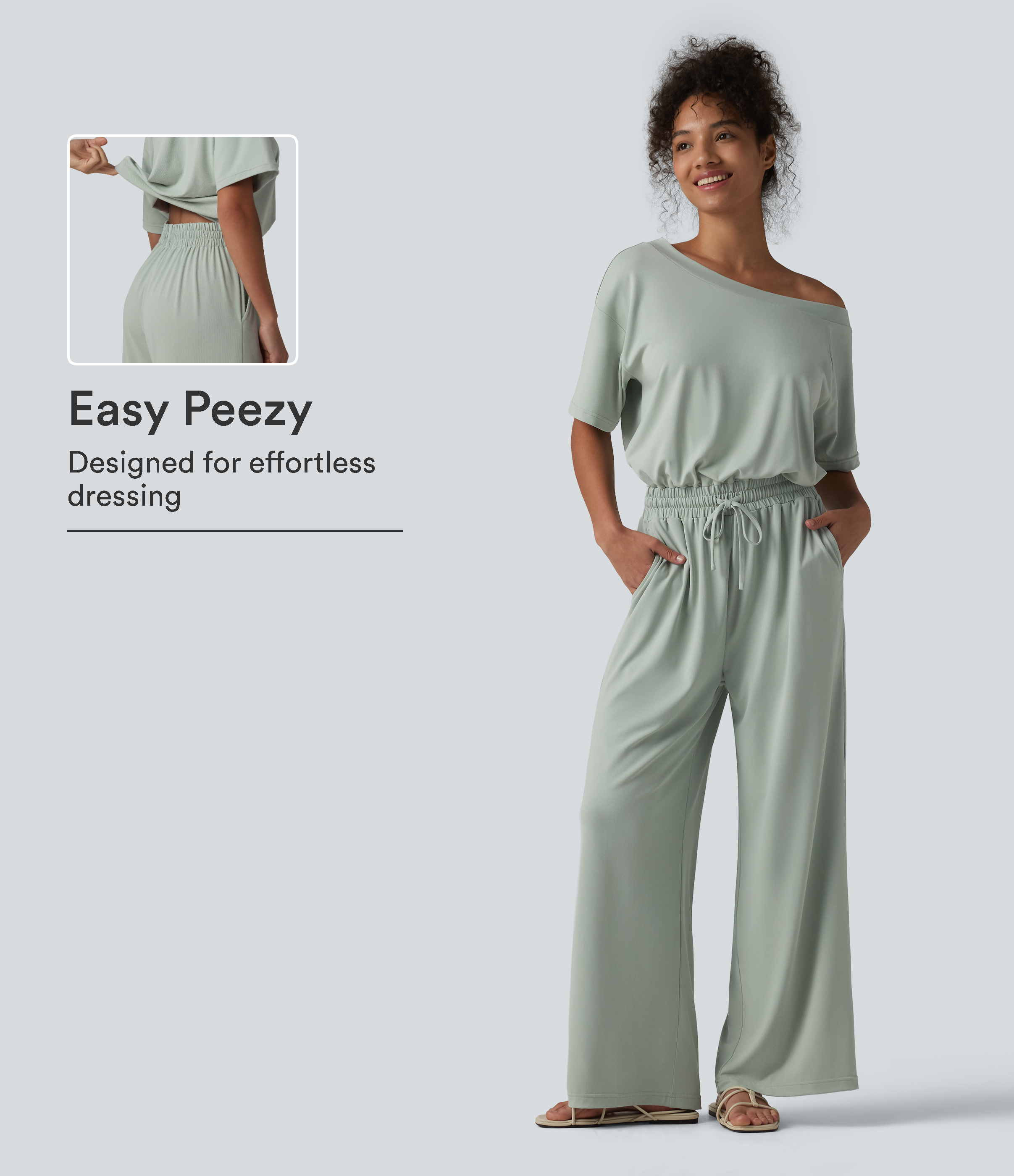 Boat Neck Short Sleeve Drawstring Baggy Casual Jumpsuit with Pockets-Easy Peezy Edition