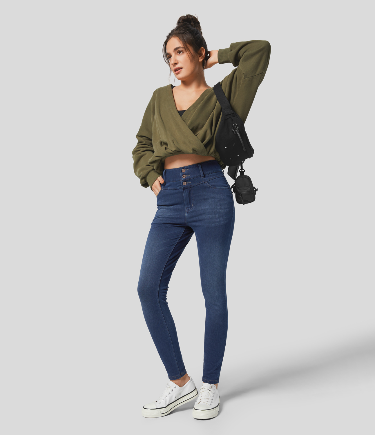 Bright Blue Denim Halara Flex™ Lässige Skinny-Jeans aus elastischem Strick-Denim mit hohem Bund, Knopfreißverschluss und mehreren Taschen / 2