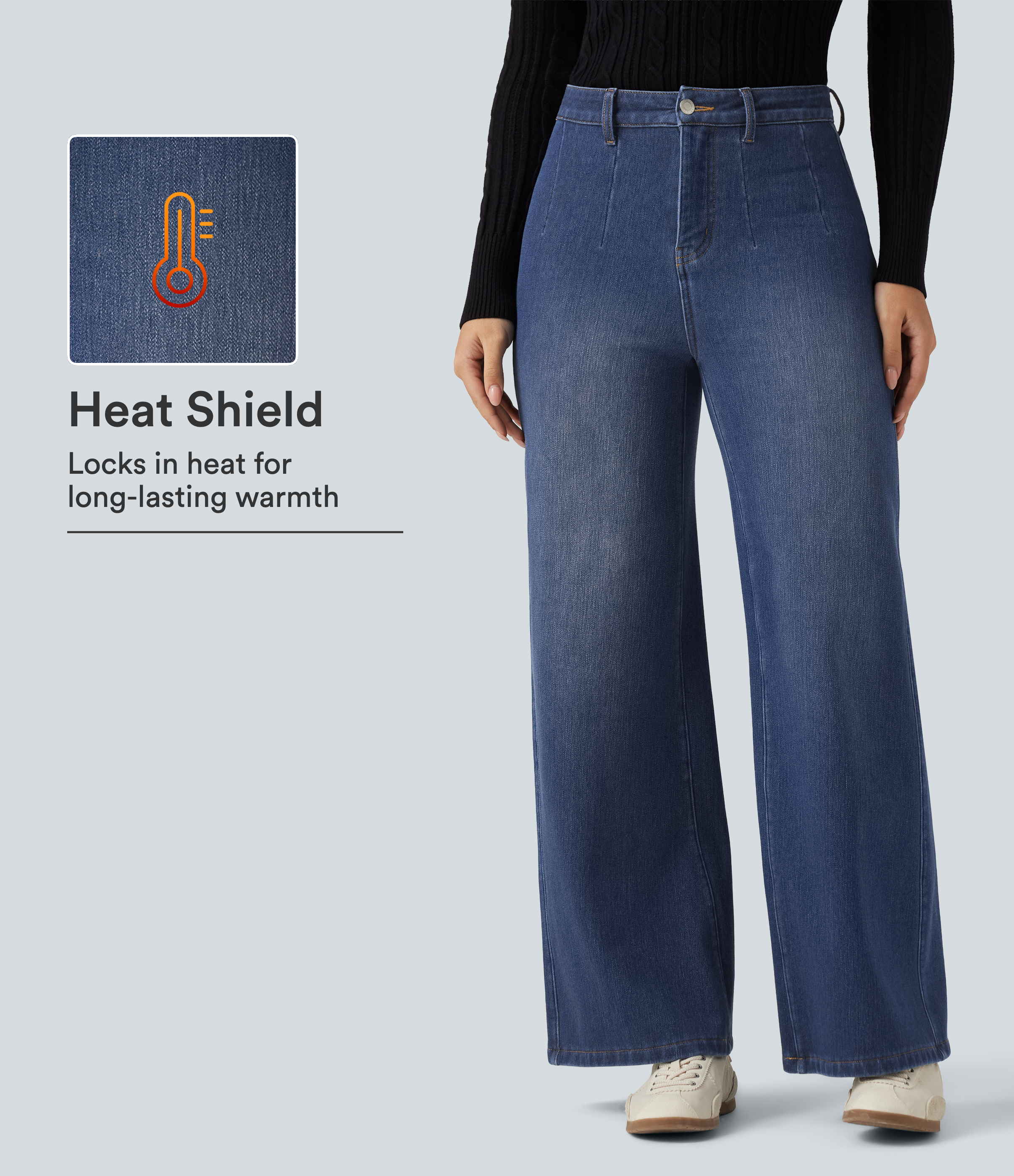 Casual jeans van katoen met fleecevoering, hoge taille, wijd uitlopende pijpen en zakken