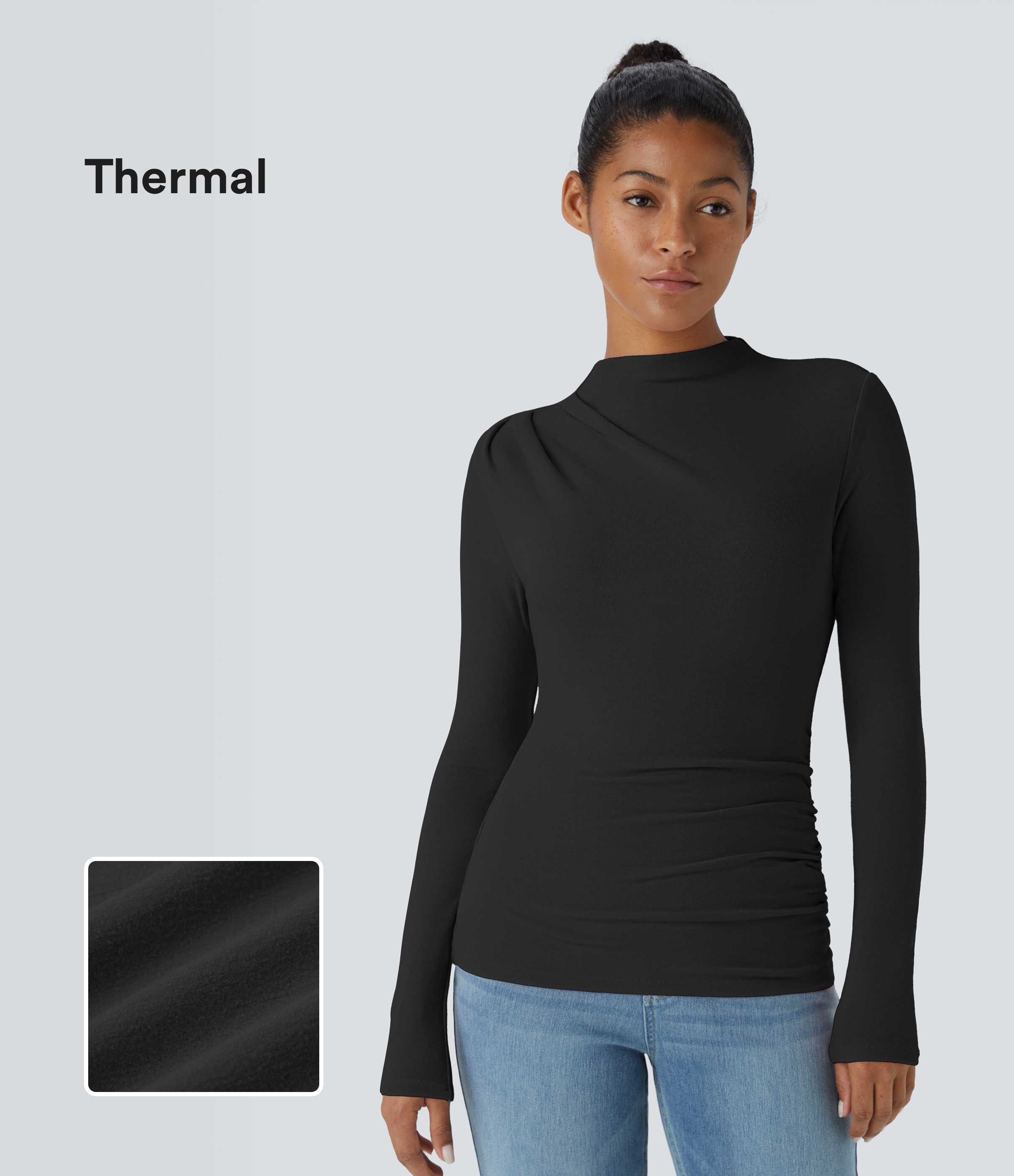 Avslappet thermo-topp med traktkrage, lange ermer og rynket, tettsittende passform