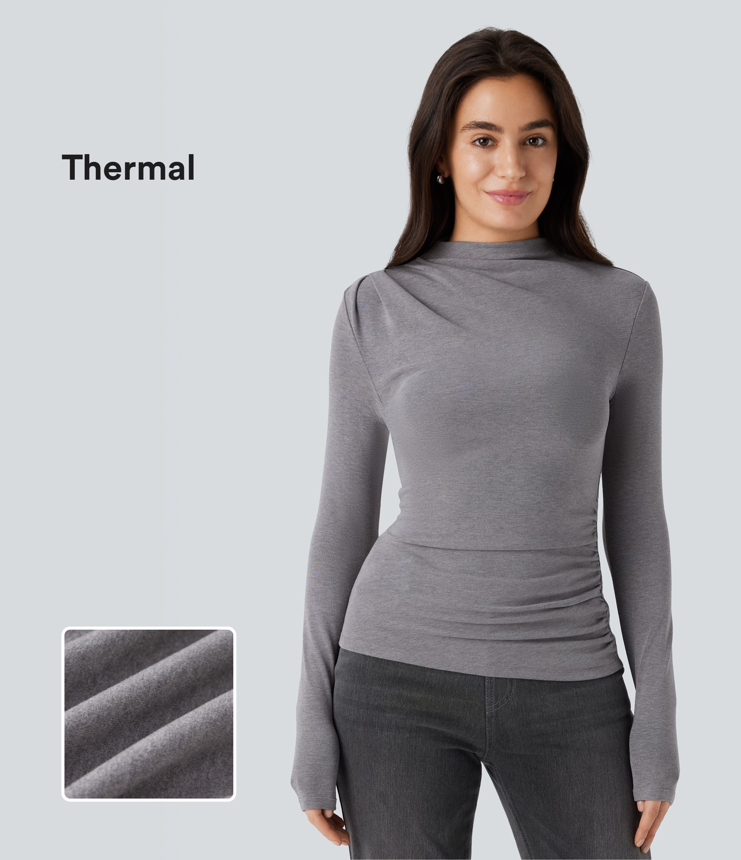 Mottled Cloud Grey Funnel Neck Long Sleeve Ruched Skinny Thermal Casual Top / 1