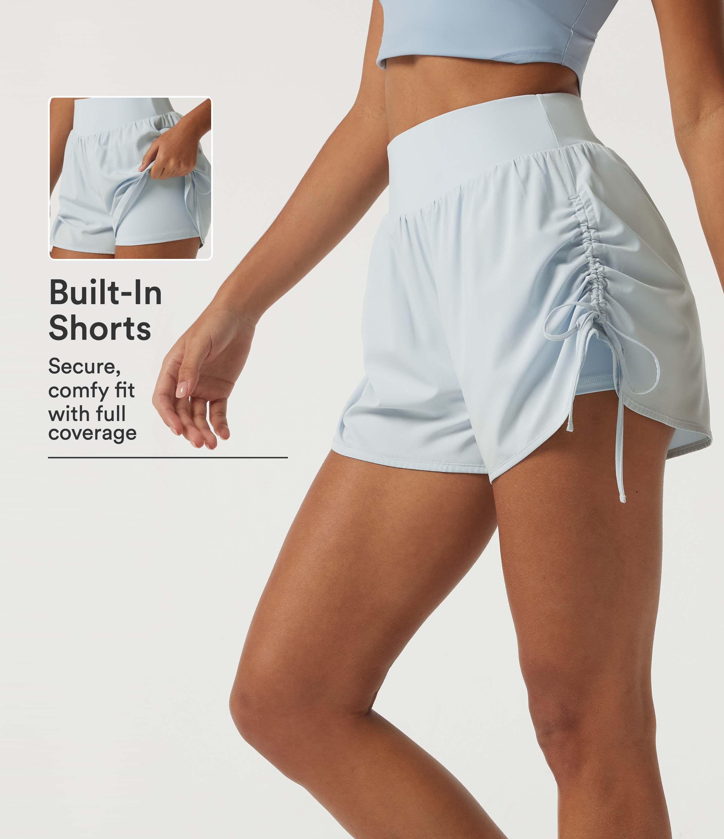 Breezeful™ High Waisted Tummy Control Quick Dry Ruched 2-in-1 Running Shorts 3" 