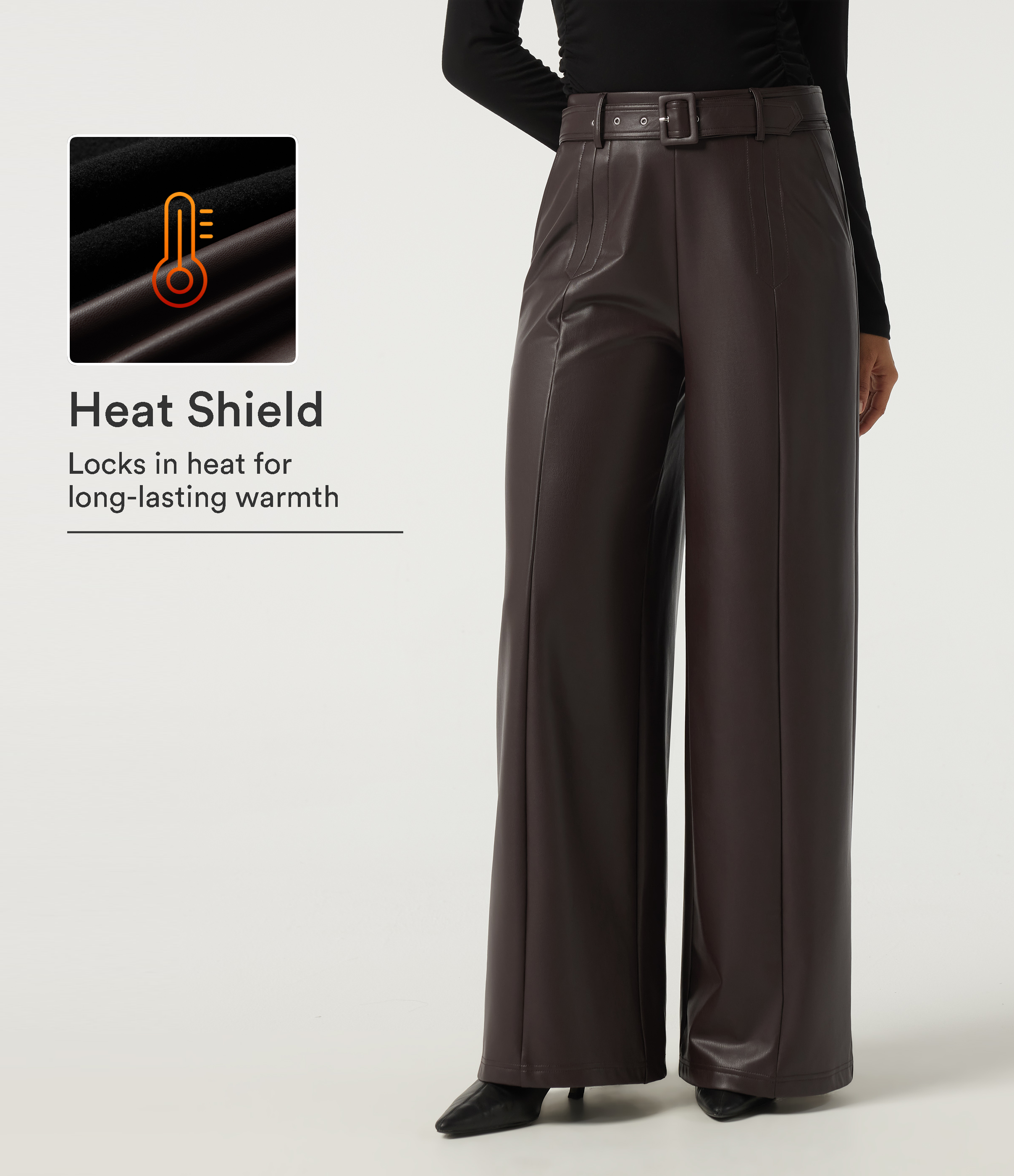 High Waisted Wide Leg Stretchy PU Fleece Belted Casual Pants with Pockets