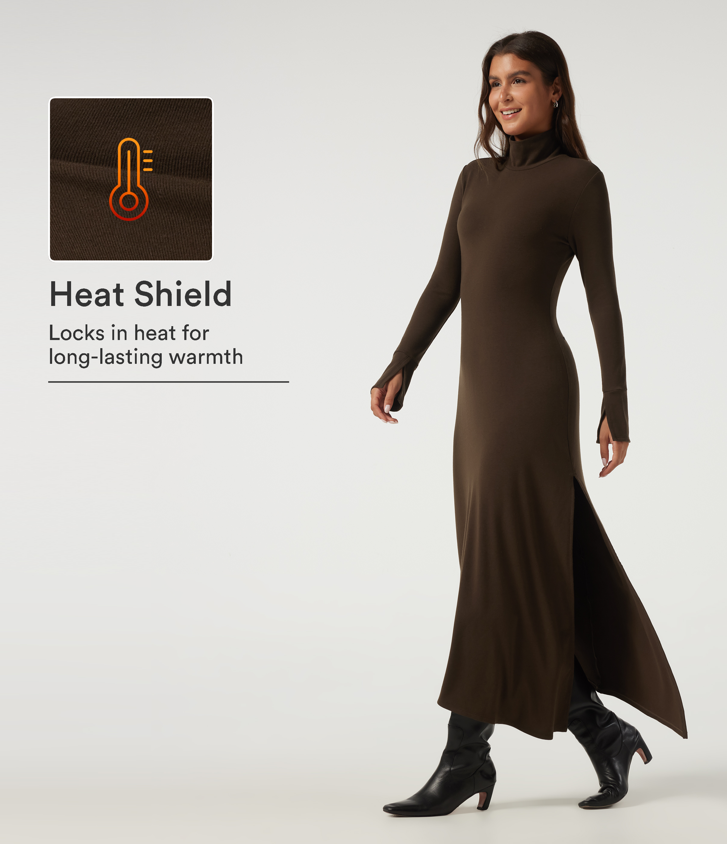 High Neck Long Sleeve Asymmetric Thermal Casual Bodycon Midi Dress