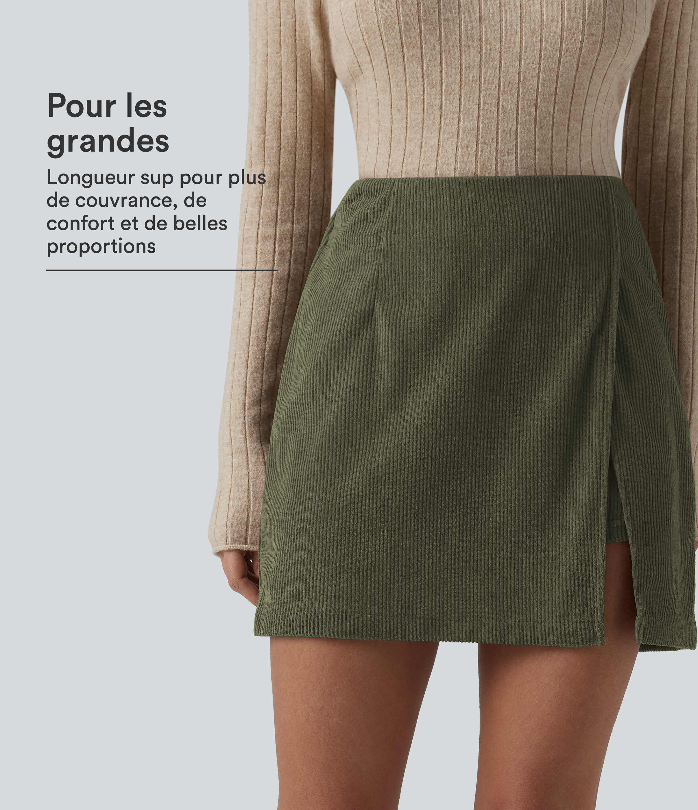 Jupe-short décontractée taille haute en velours côtelé avec zip arrière et fentes - Longueur plus longue