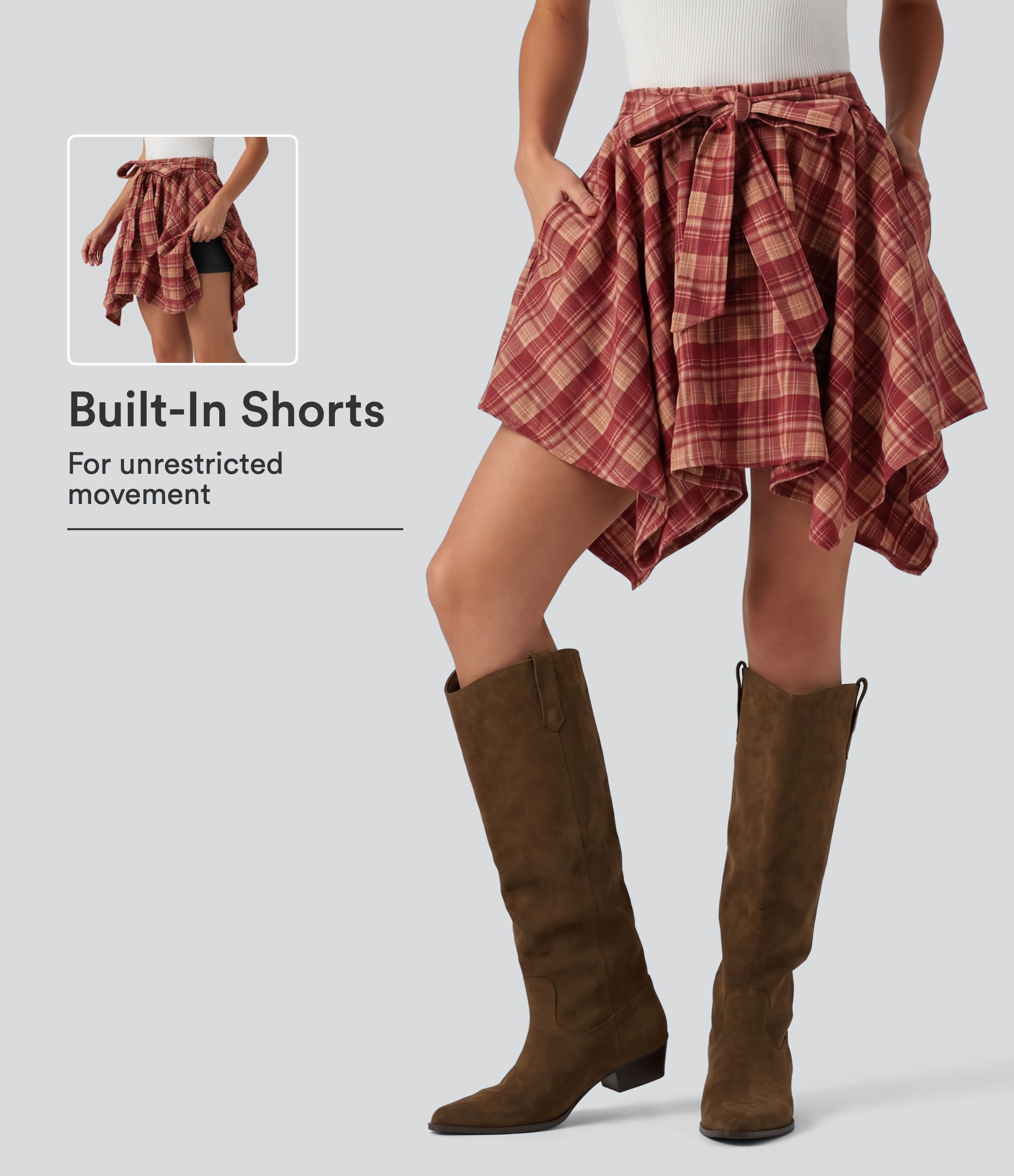 High Waisted Tie Front 2-in-1 Plaid Mini Casual Skirt with Pockets