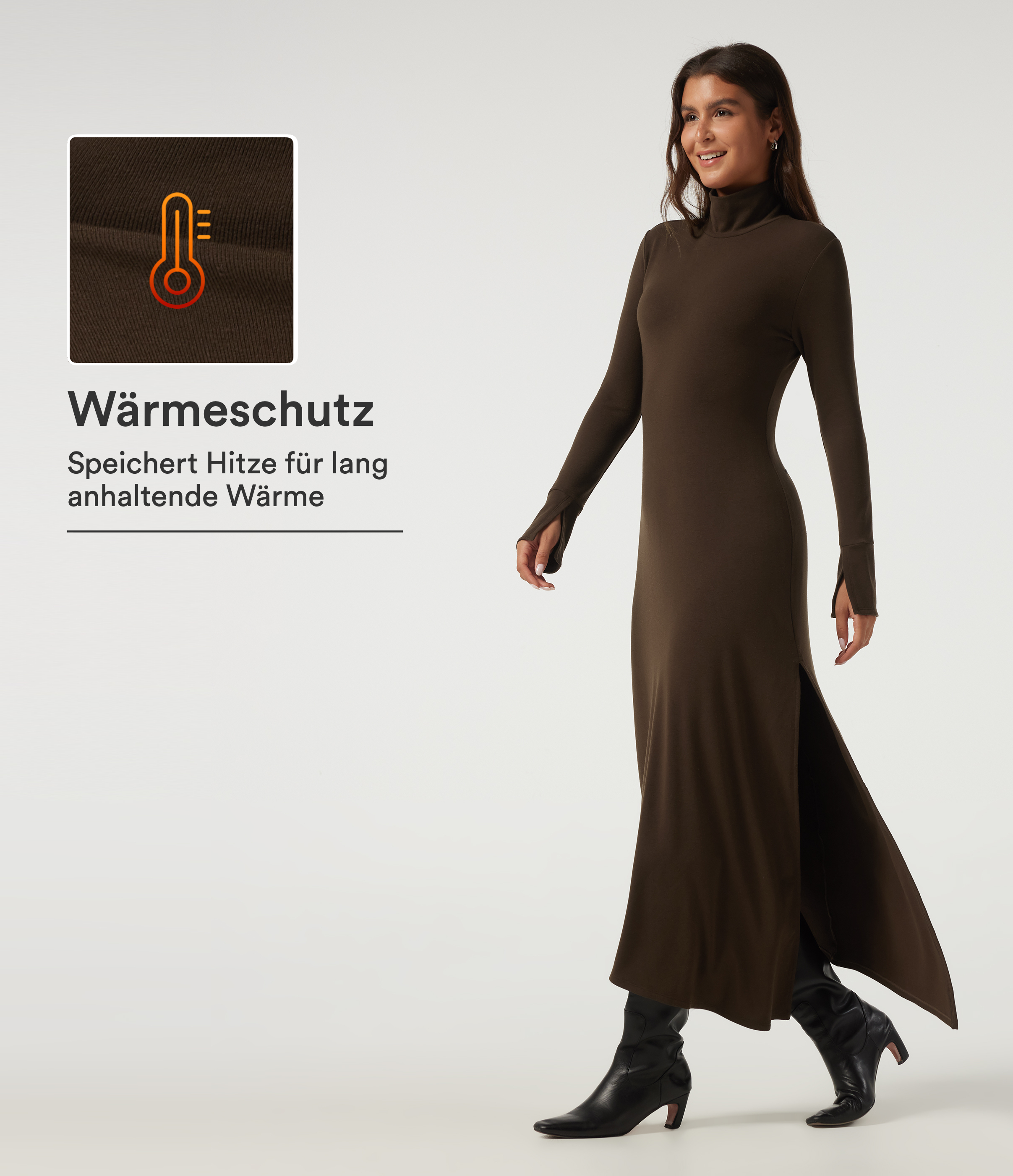 Lässiges, figurbetontes Thermo-Midikleid mit hohem Kragen, langen Ärmeln und geschlitztem Saum