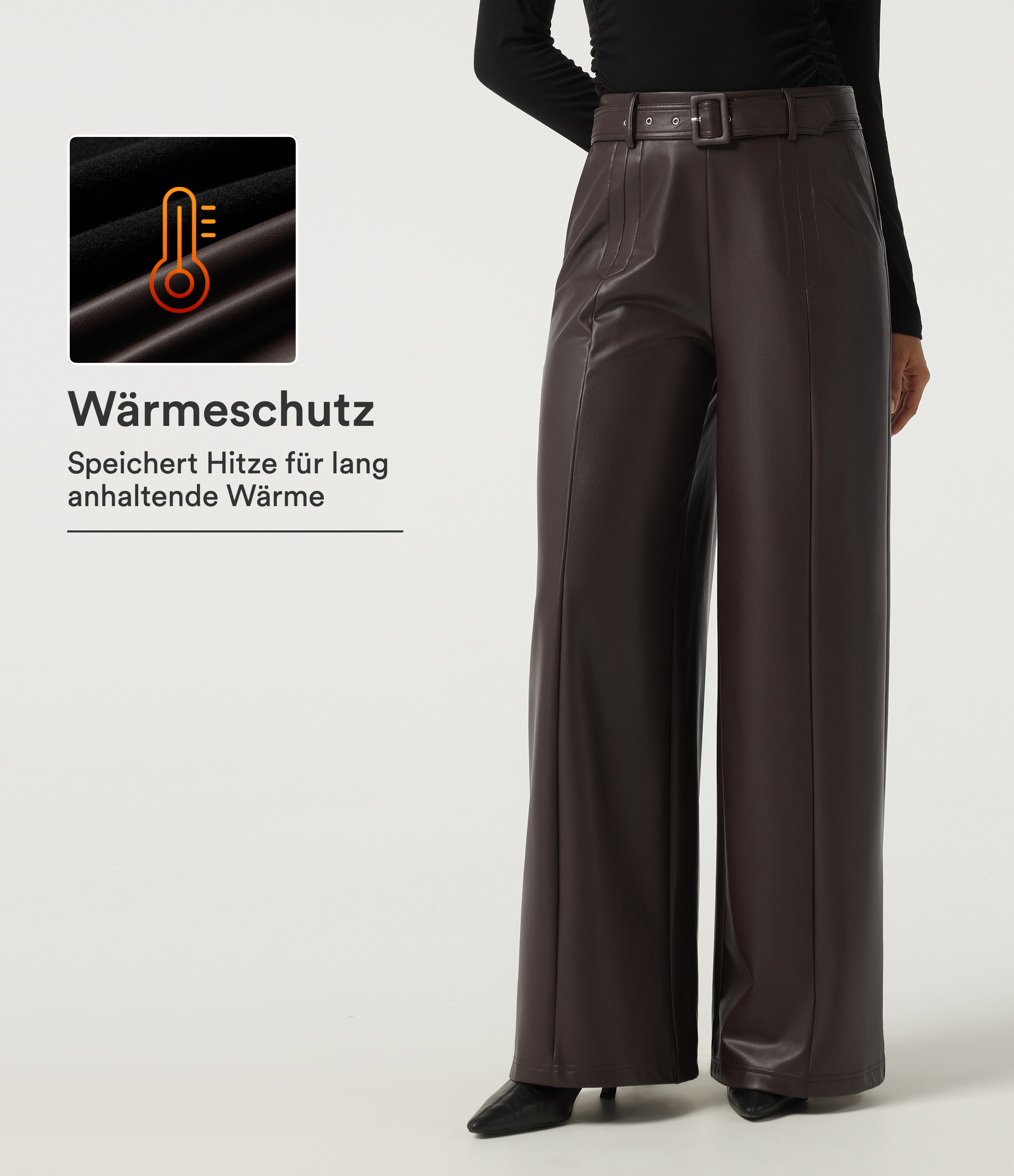 Lässige Hose aus elastischem Kunstleder mit hohem Bund, Seitentaschen, Gürtel und weitem Bein