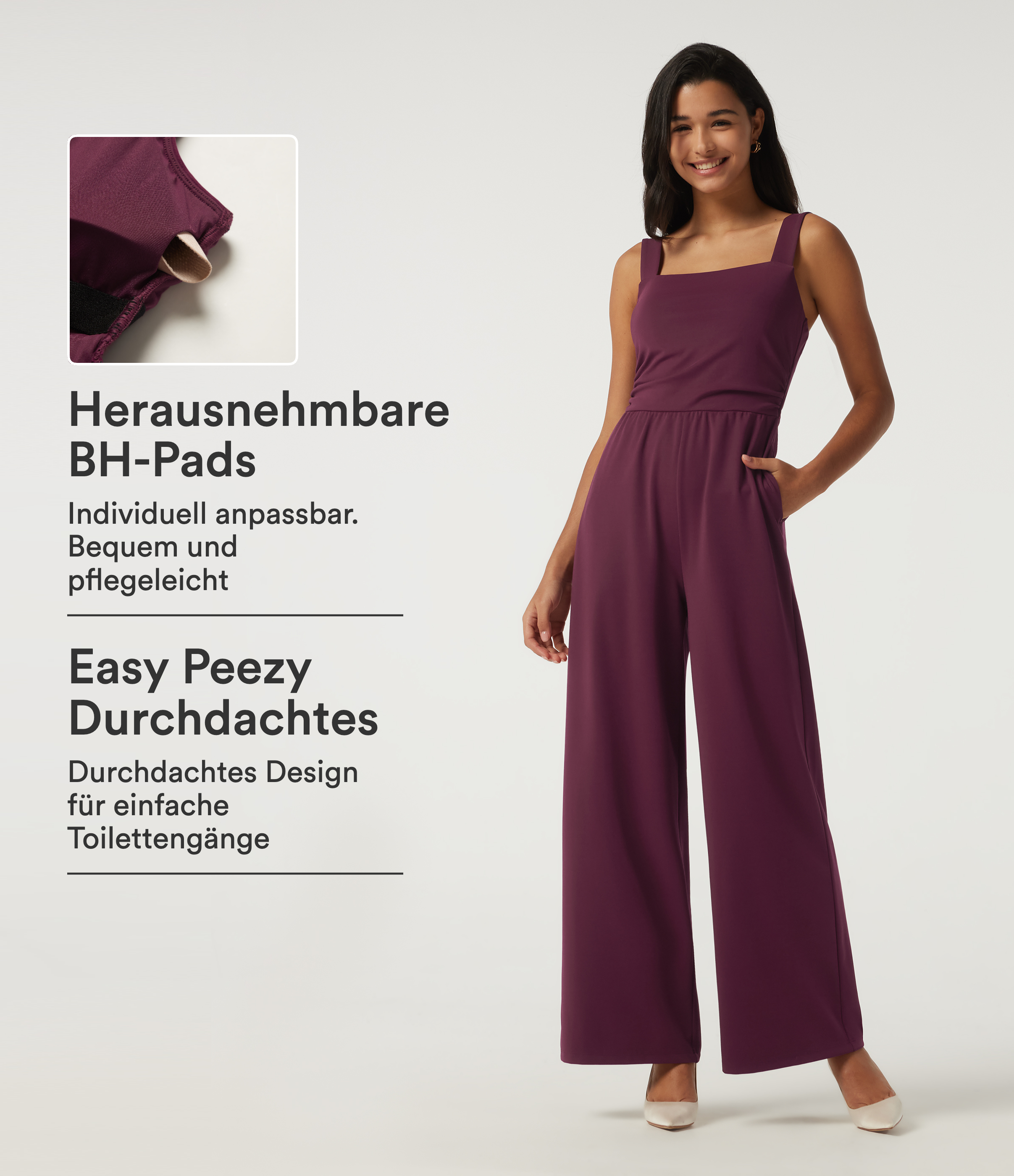 Ärmelloser Party-Jumpsuit mit eckigem Ausschnitt, Seitentaschen, integriertem BH und weitem Bein -  Easy Peezy Edition
