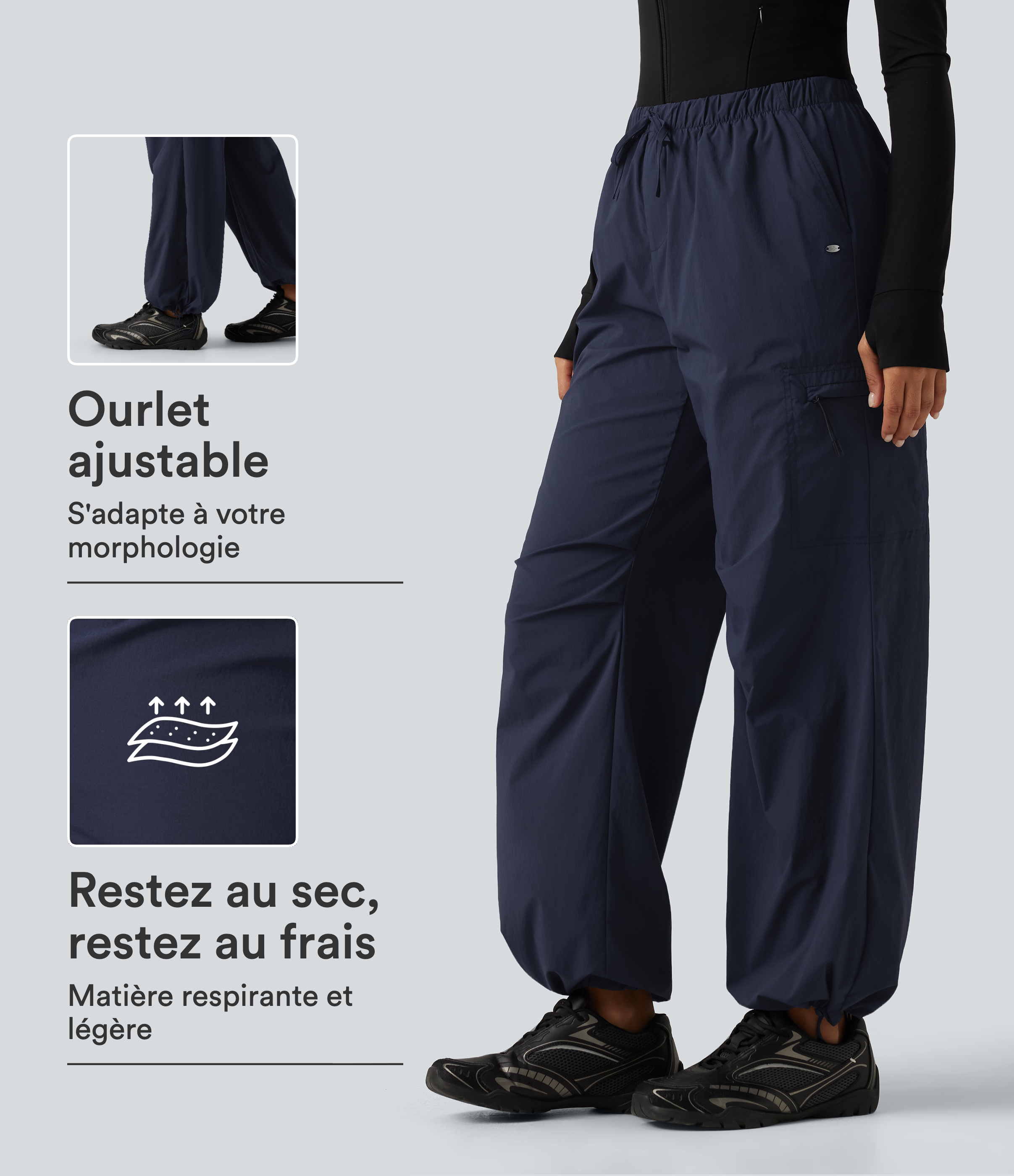 Pantalon de randonnée coupe large taille mi-haute avec cordon de serrage, fronces et poches