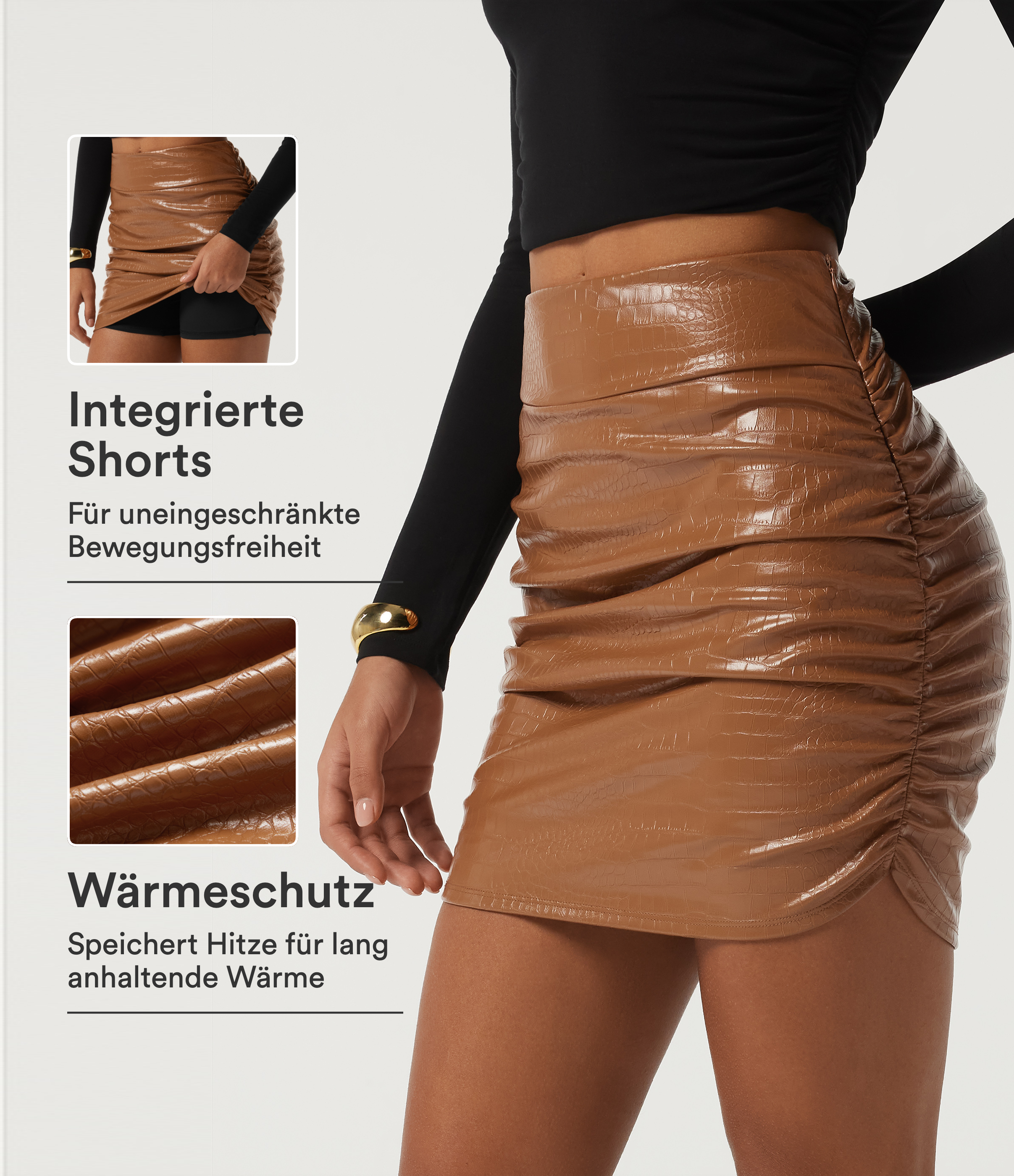 2-in-1 Fleece-Party-Minirock aus elastischem Kunstleder mit hohem Bund, Schlangenmuster und integrierten Shorts