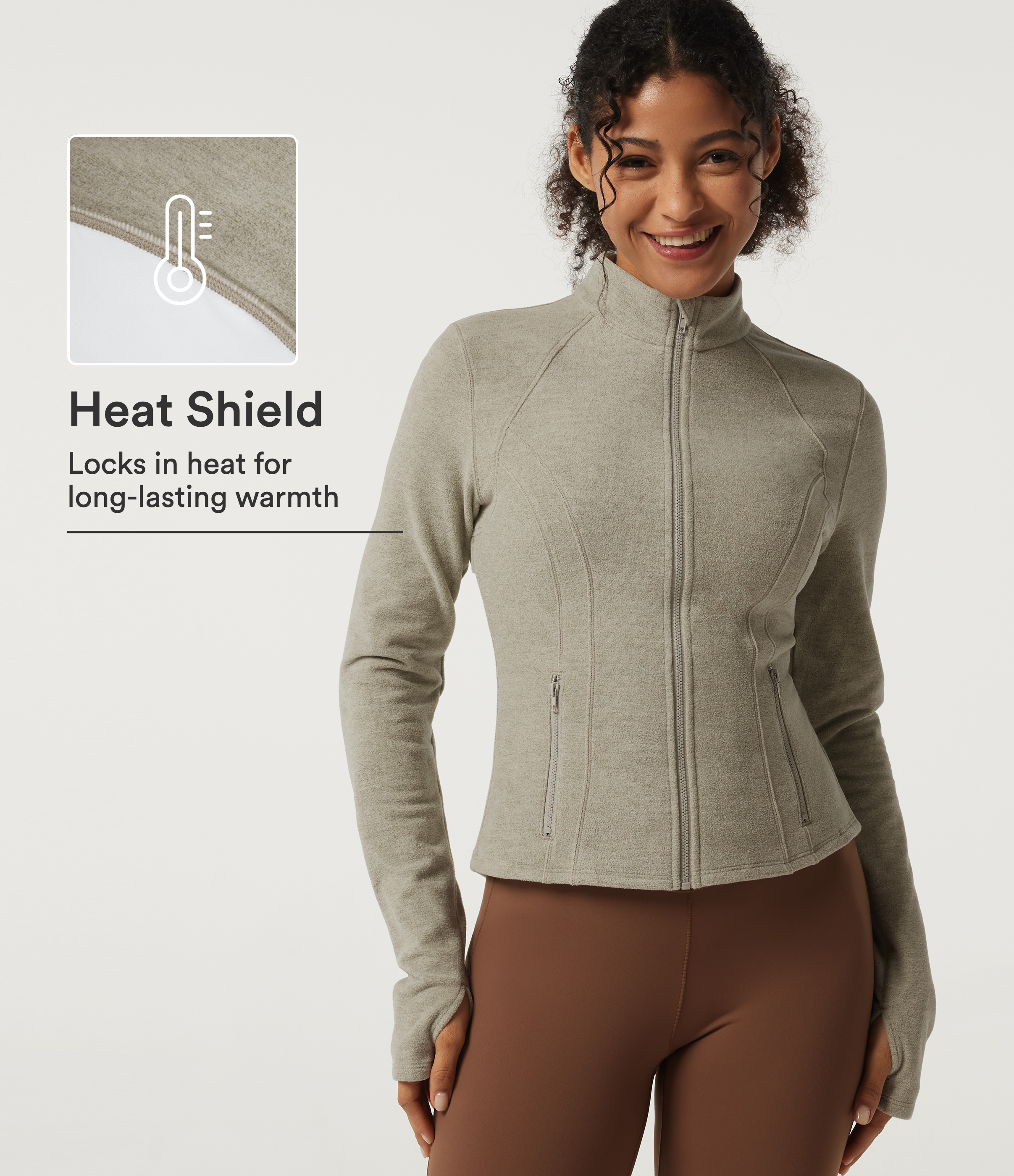 Stand Collar Long Sleeve Fleece Workout Jacket with Pockets and Thumb Holes