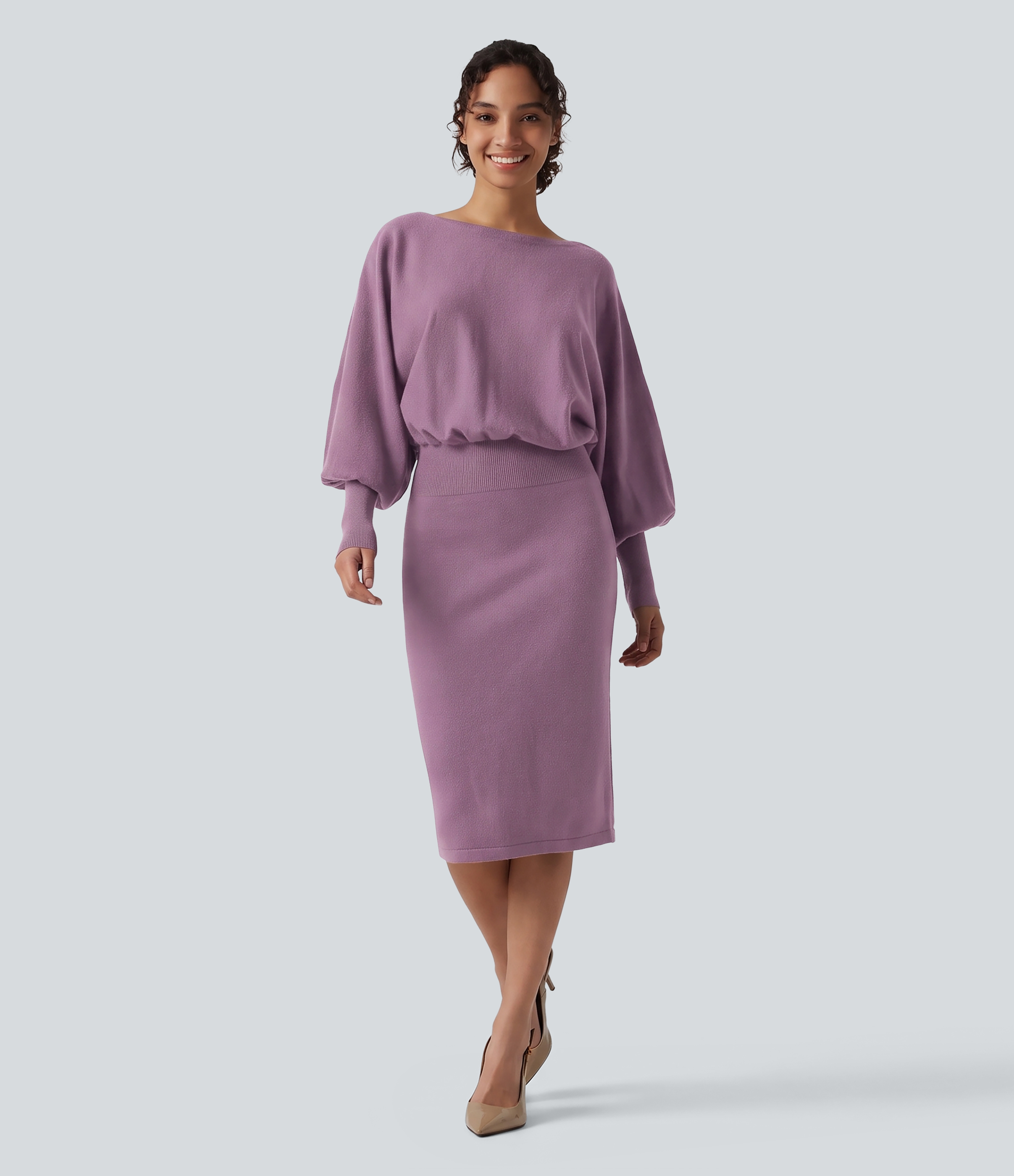 Boat Neck Puff Long Sleeve Work Sweater Dress