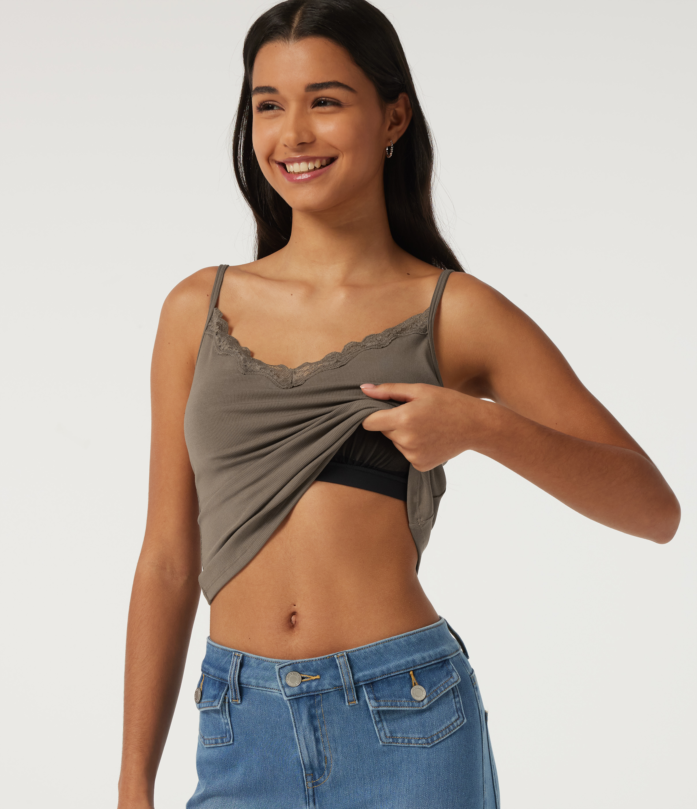 V Neck Contrast Lace Casual Tank Tops  with Built-in Bra 