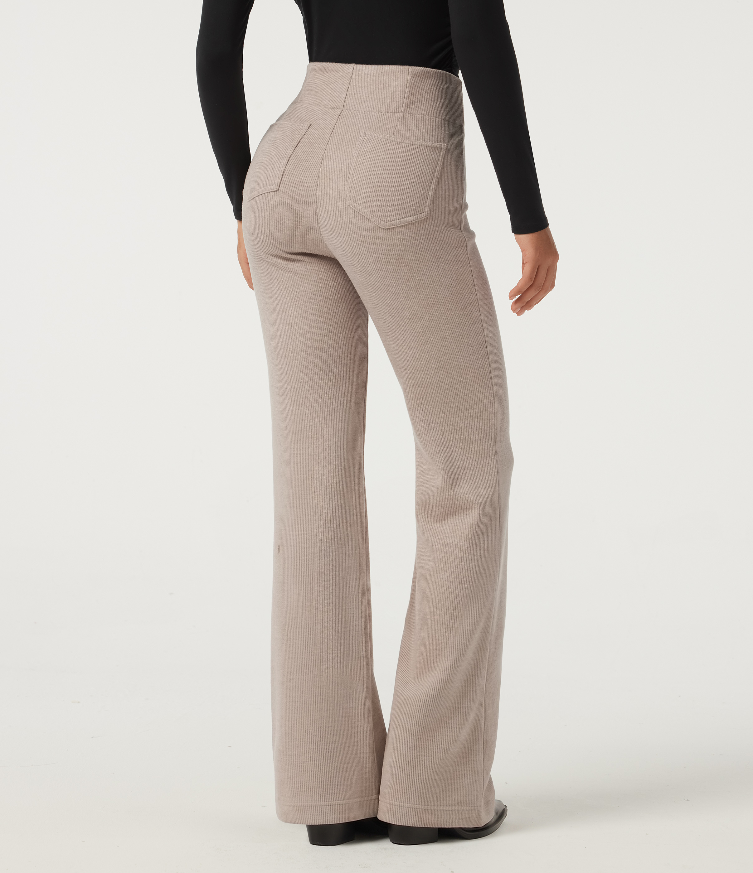 Oatstone Beige Ribbed Knit High Waisted Tie Front Flare Casual Pants with Pockets / 2