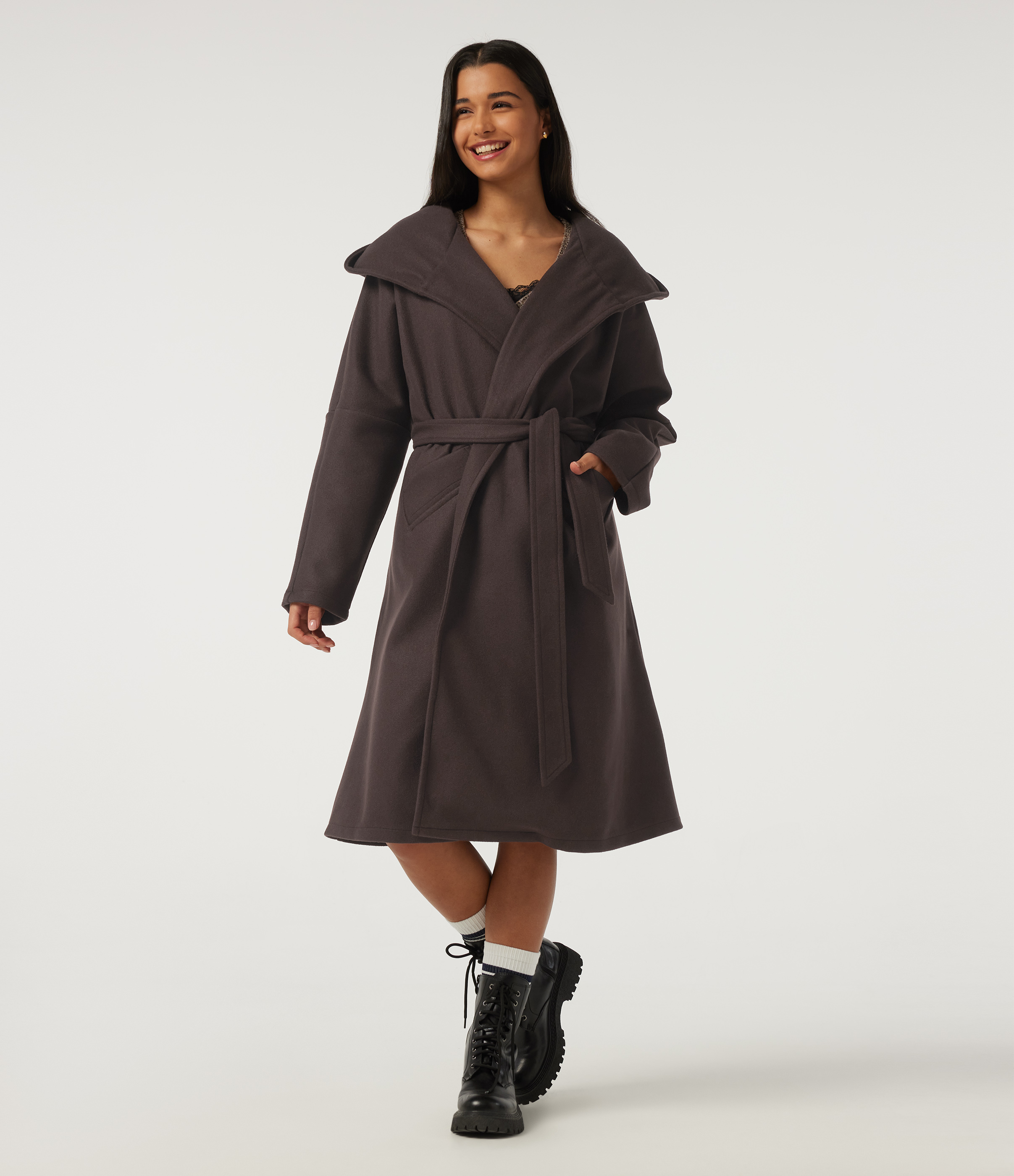 Hooded Long Sleeve Belted Longline Casual Coat with Pockets