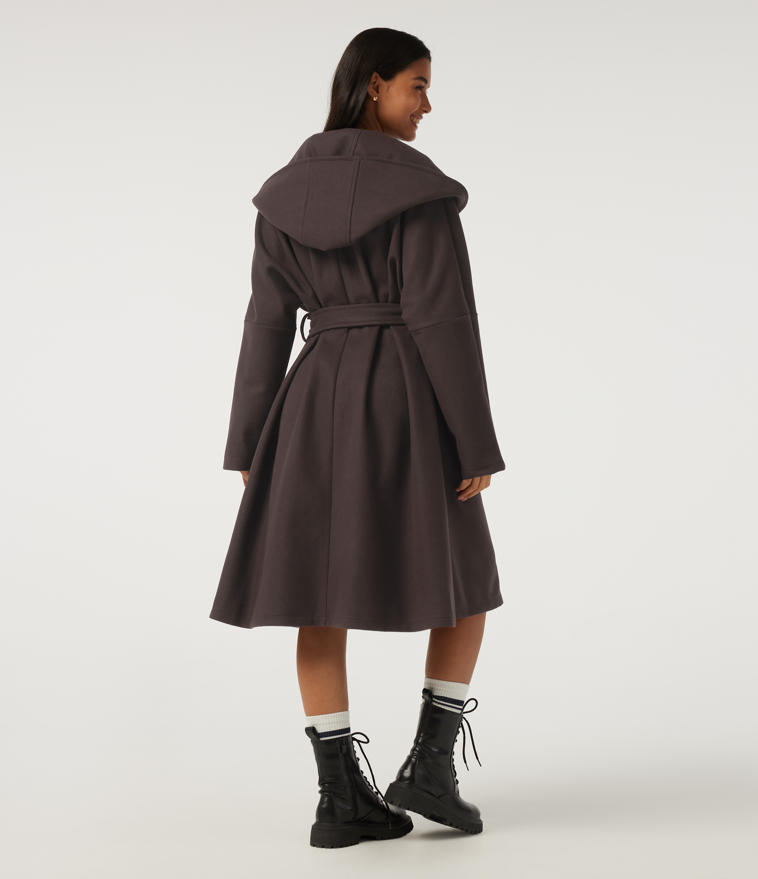 Seal Brown Manteau long décontracté à capuche, manches longues, ceinturé, avec poches / 2