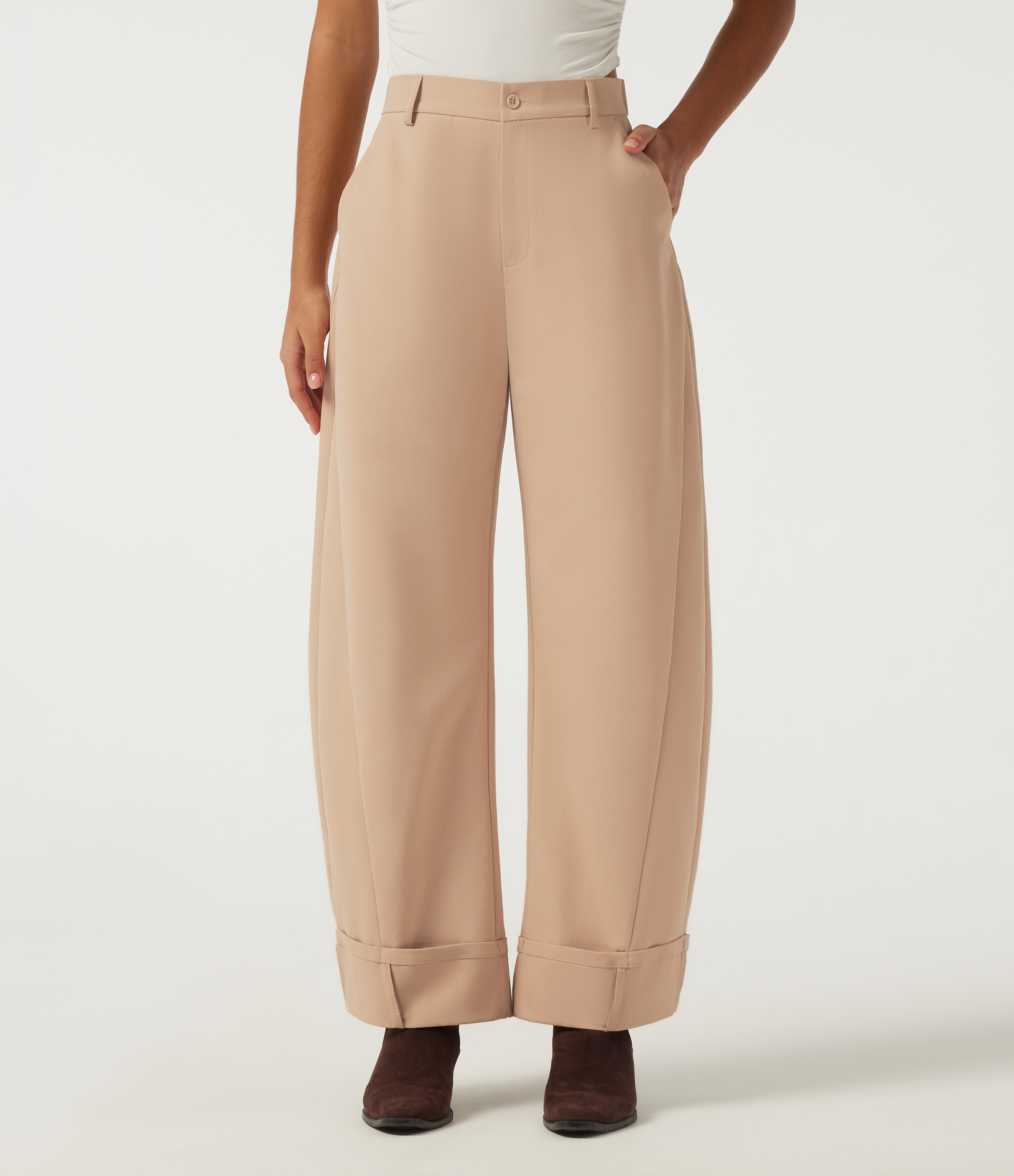 Mid Rise Barrel Leg Rolled Hem Casual Pants with Pockets