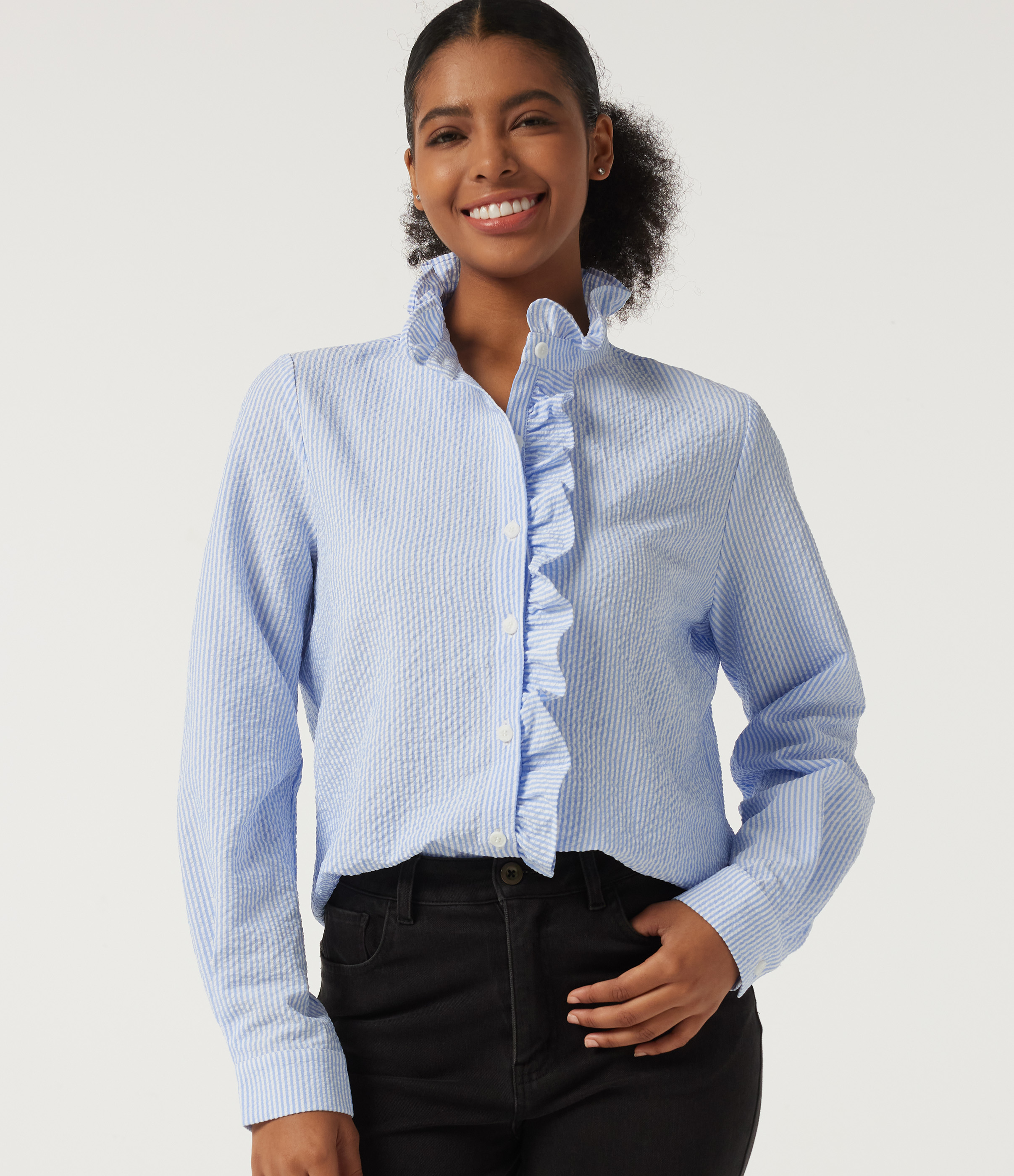 Stand Collar Long Sleeve Ruffle Curved Hem Work Blouse