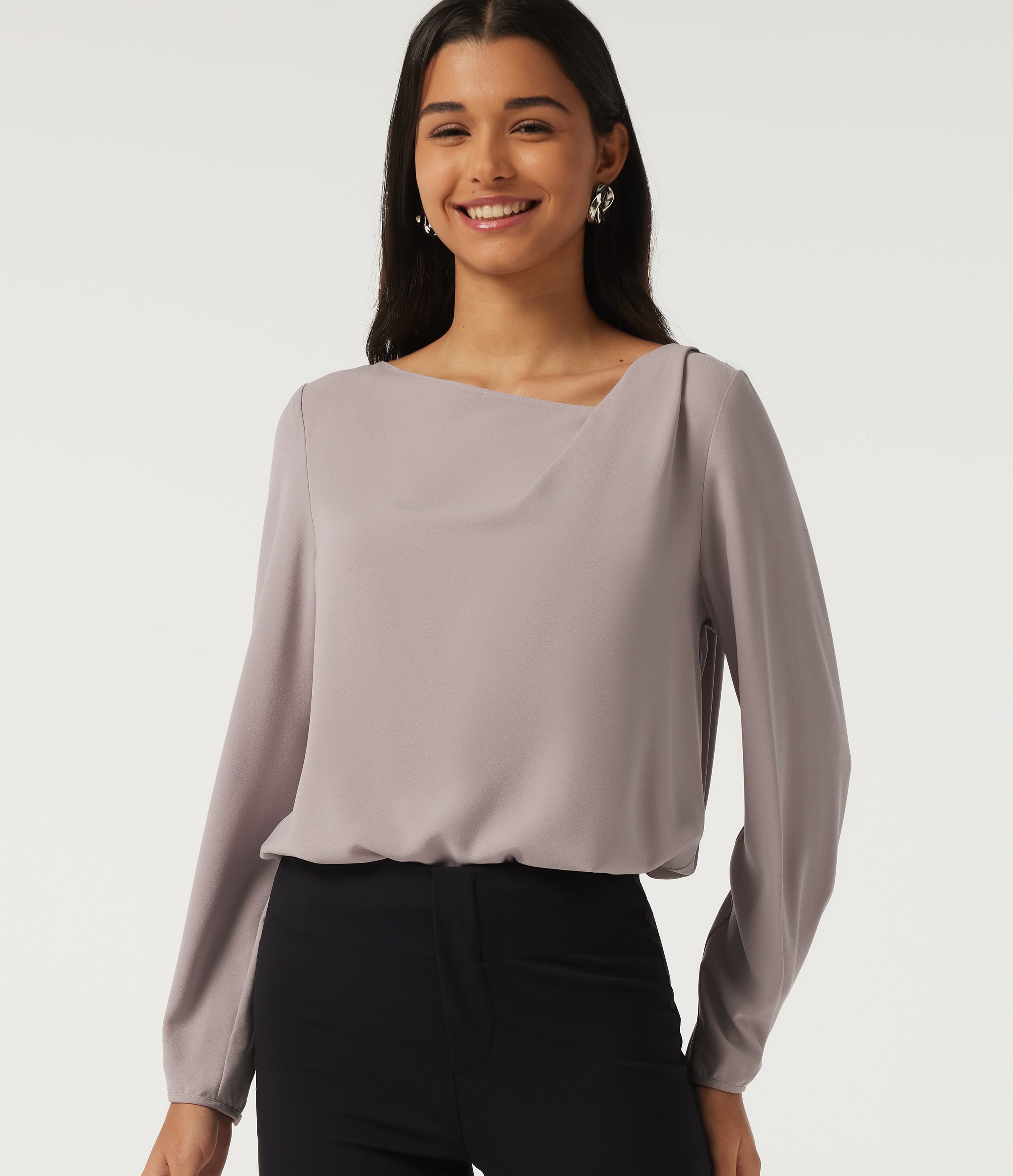 Cowl Neck Long Sleeve Asymmetric Work Blouse