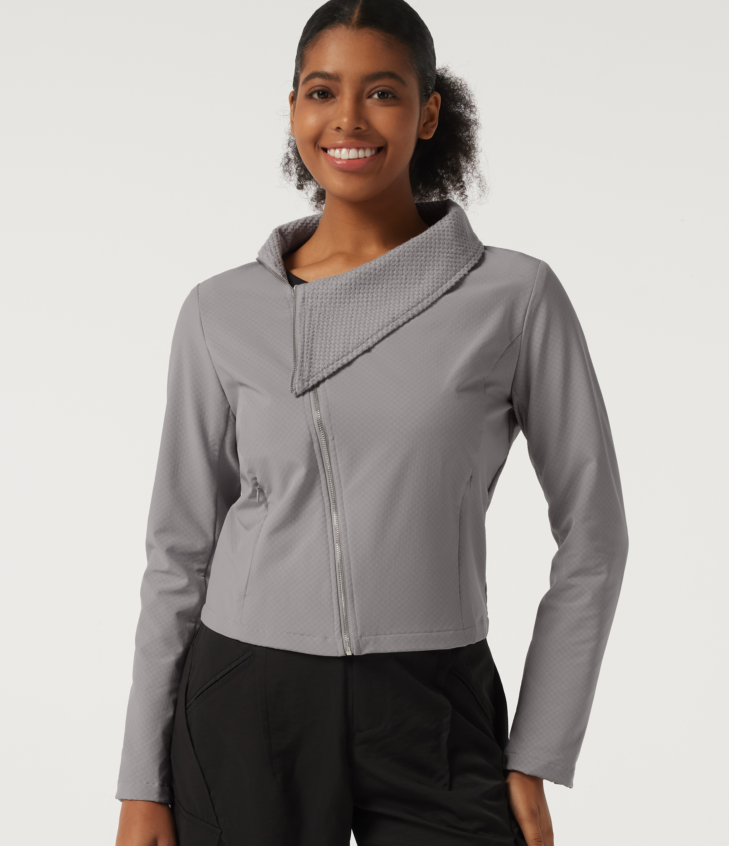 Asymmetric Collar Long Sleeve Casual Jacket with Pockets