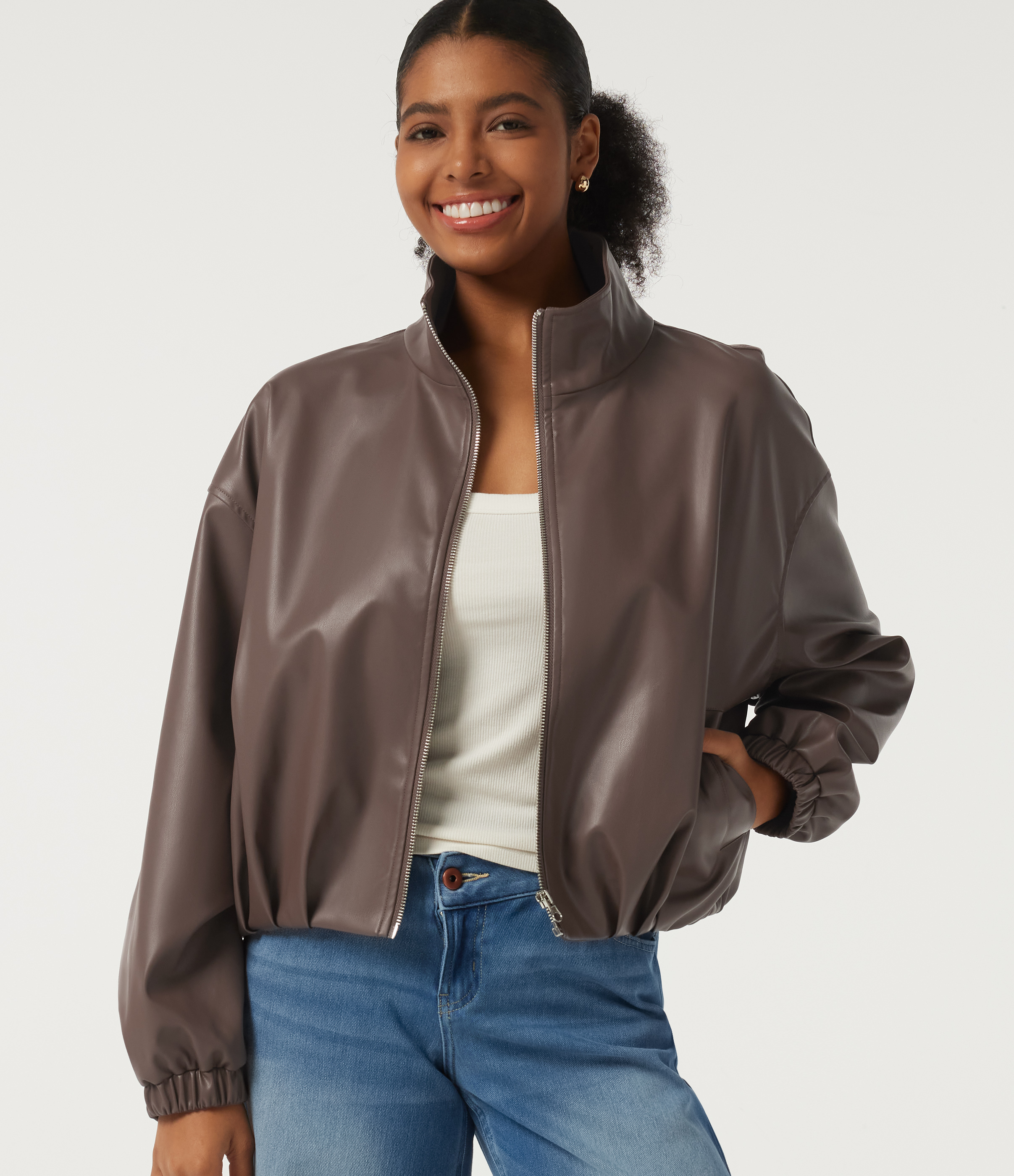 Stand Collar Long Sleeve Casual Faux Leather Jacket with Pockets