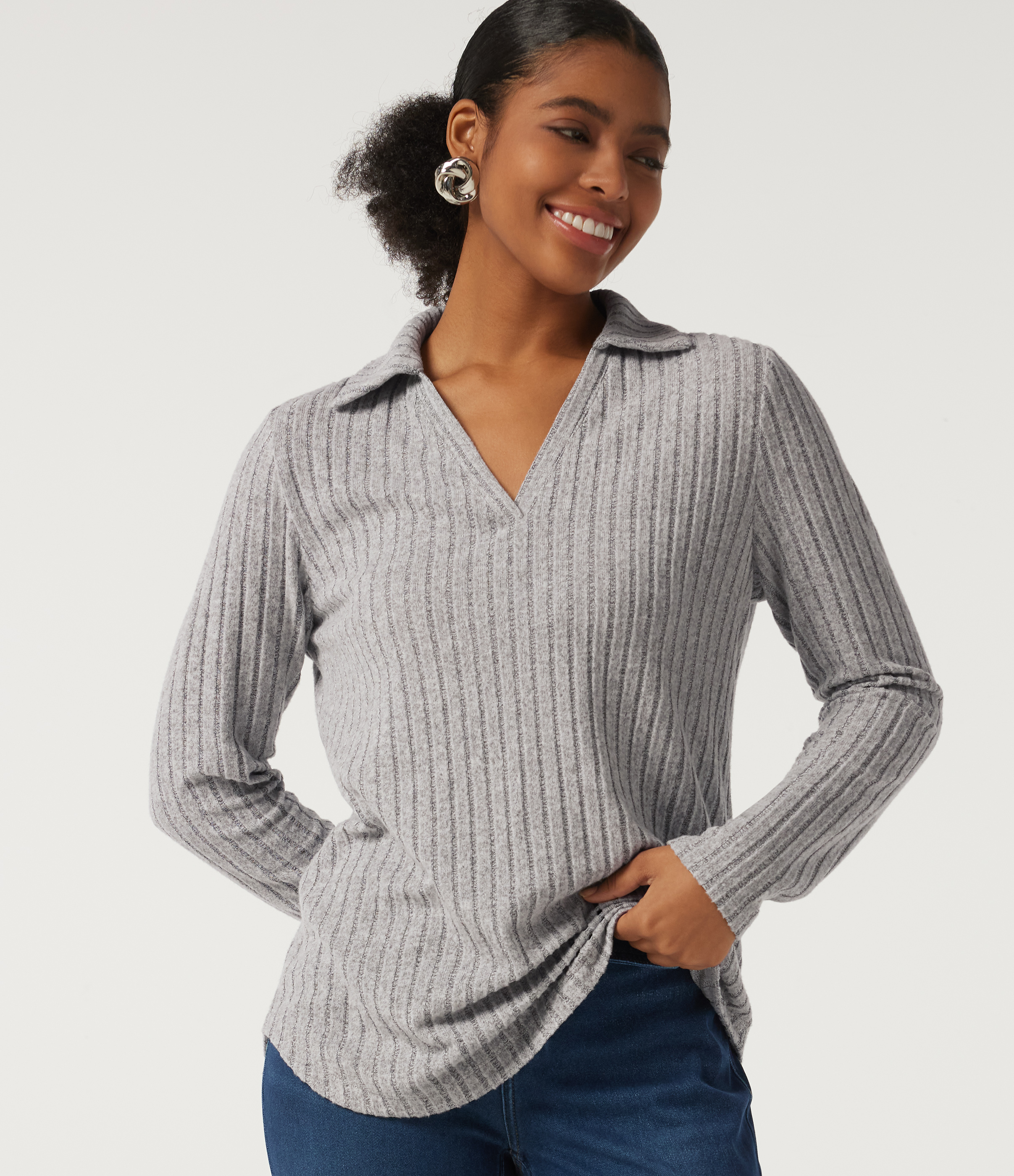 Ribbed Knit Long Sleeve Curved Hem Work Blouse