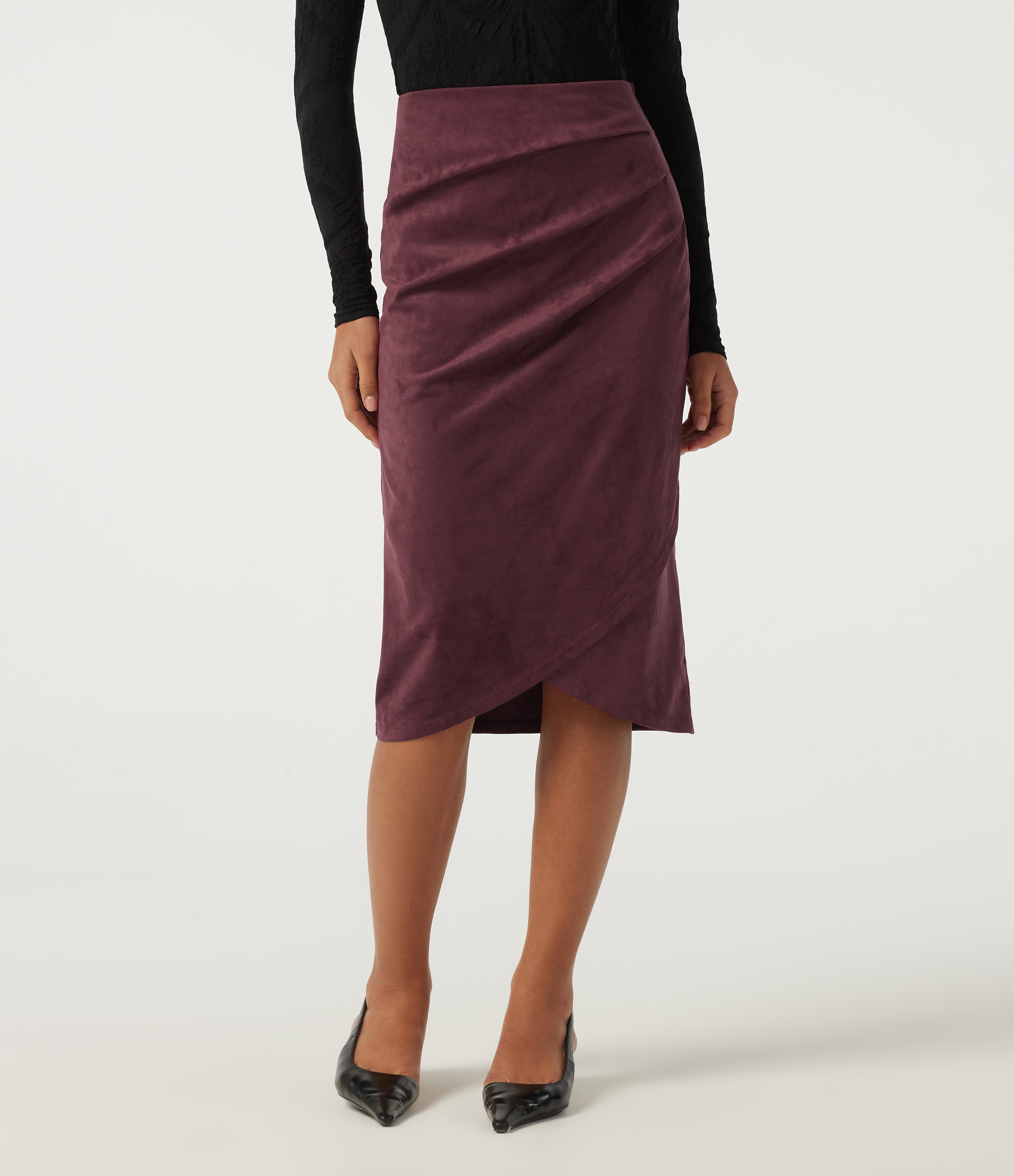 High Waisted Ruched Crossover Hem Bodycon Midi Suede Casual Skirt