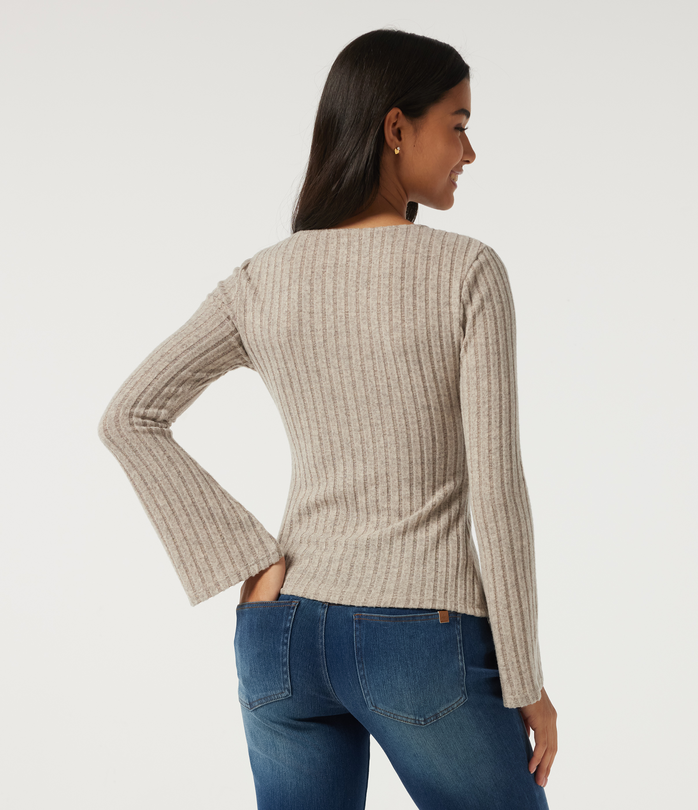 Ridge Sand Khaki Топ от рипсено плетиво с V-образно деколте и дълги ръкави / 2