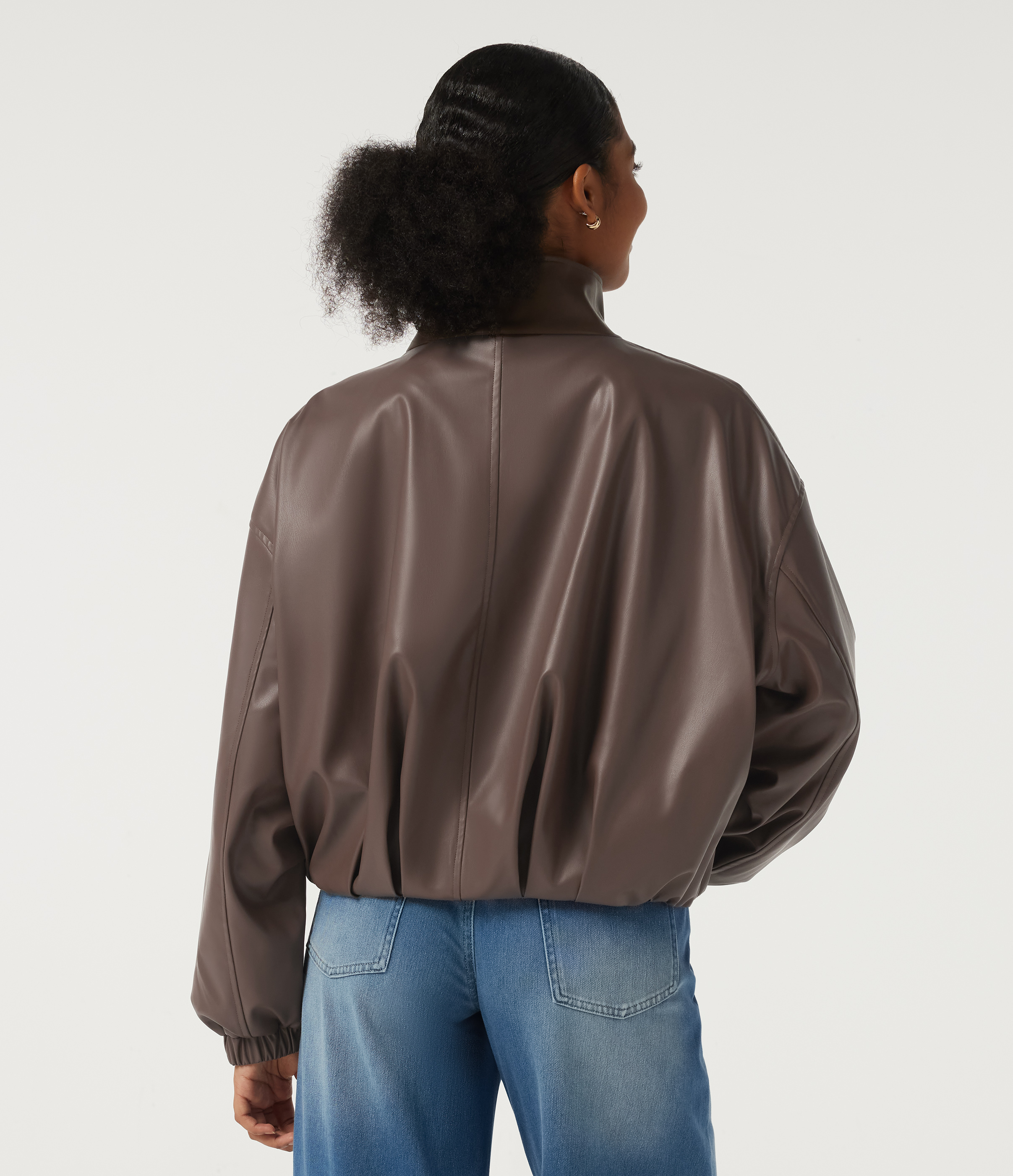 Coffee Quartz Stand Collar Long Sleeve Casual Faux Leather Jacket with Pockets / 2