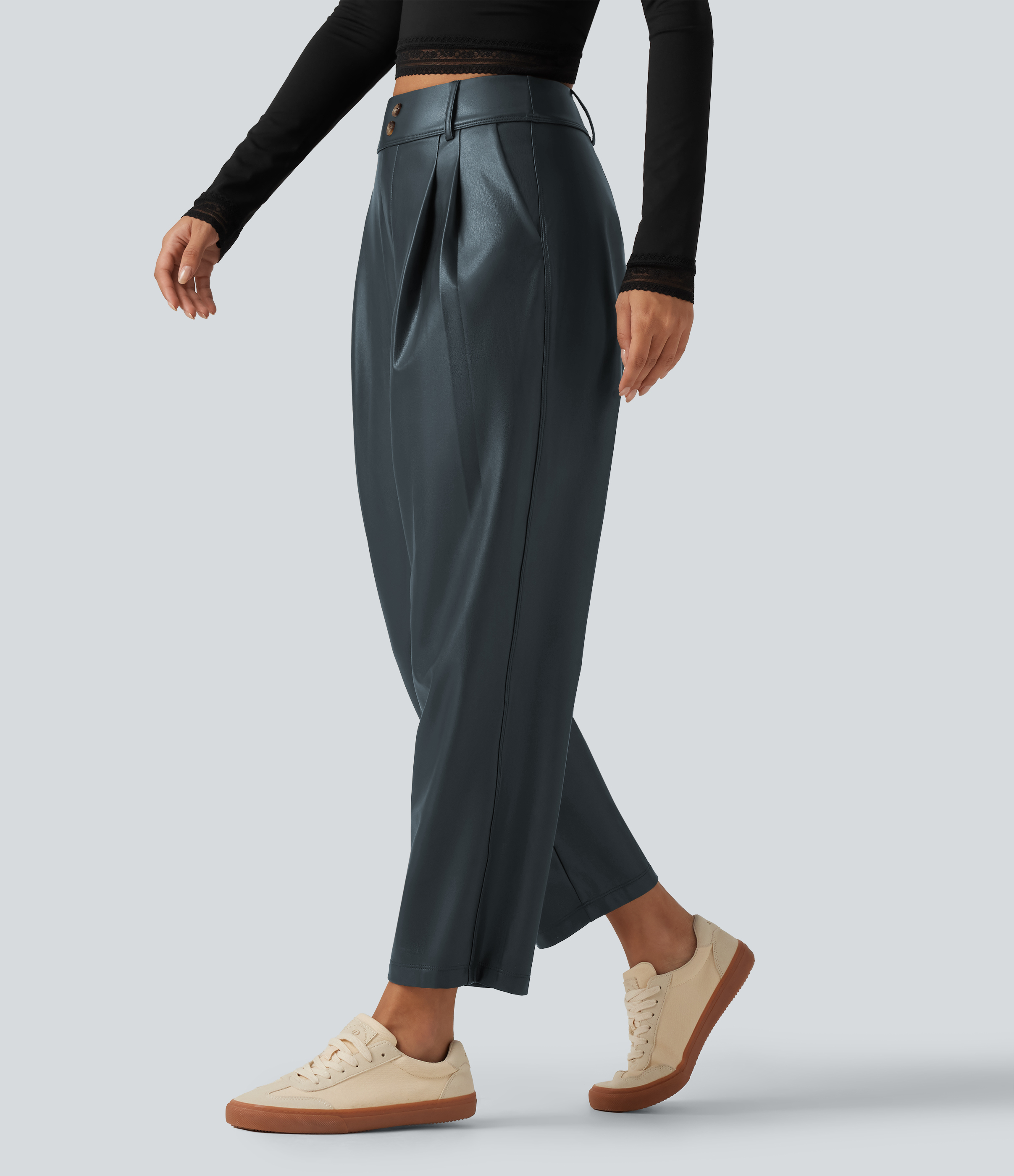 High Waisted Tapered Stretchy PU Fleece Casual Trousers with Pockets