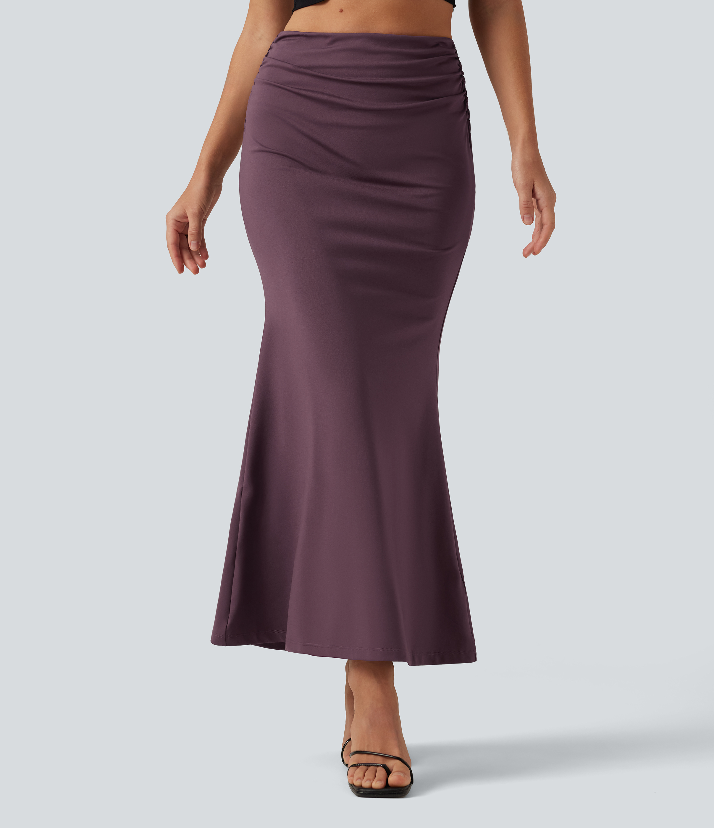 Halara Tummy Control High Waisted 2-in-1 Ruched Casual Midi Mermaid Skirt - Plum Wine - XL(regular)