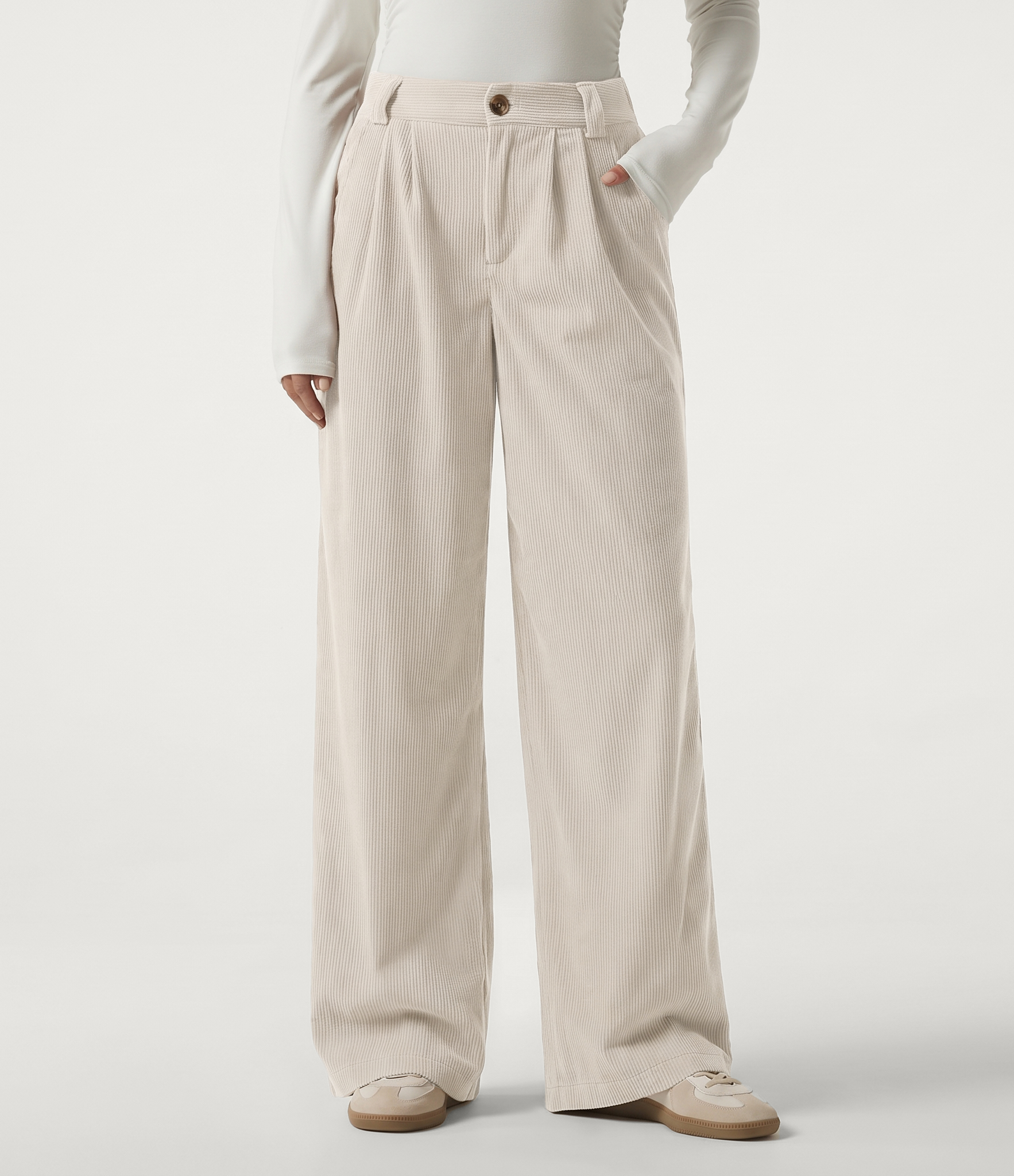 Halara Mid Rise Straight Leg Corduroy Casual Trousers with Pockets - White - XL(regular)