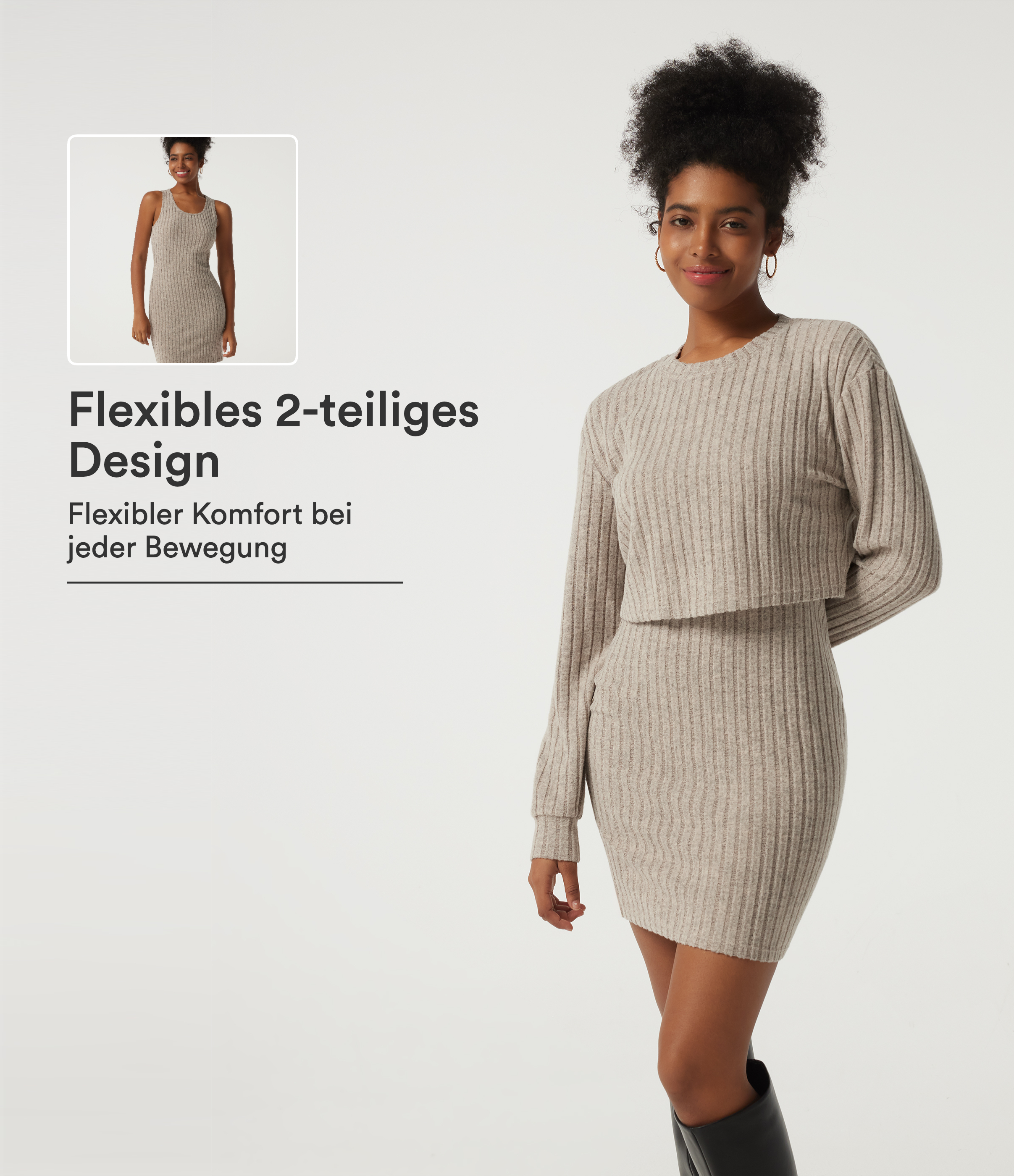 Lässiges, figurbetontes, 2-teiliegs Minikleid aus geripptem Strick mit Rundhalsausschnitt und langen Ärmeln