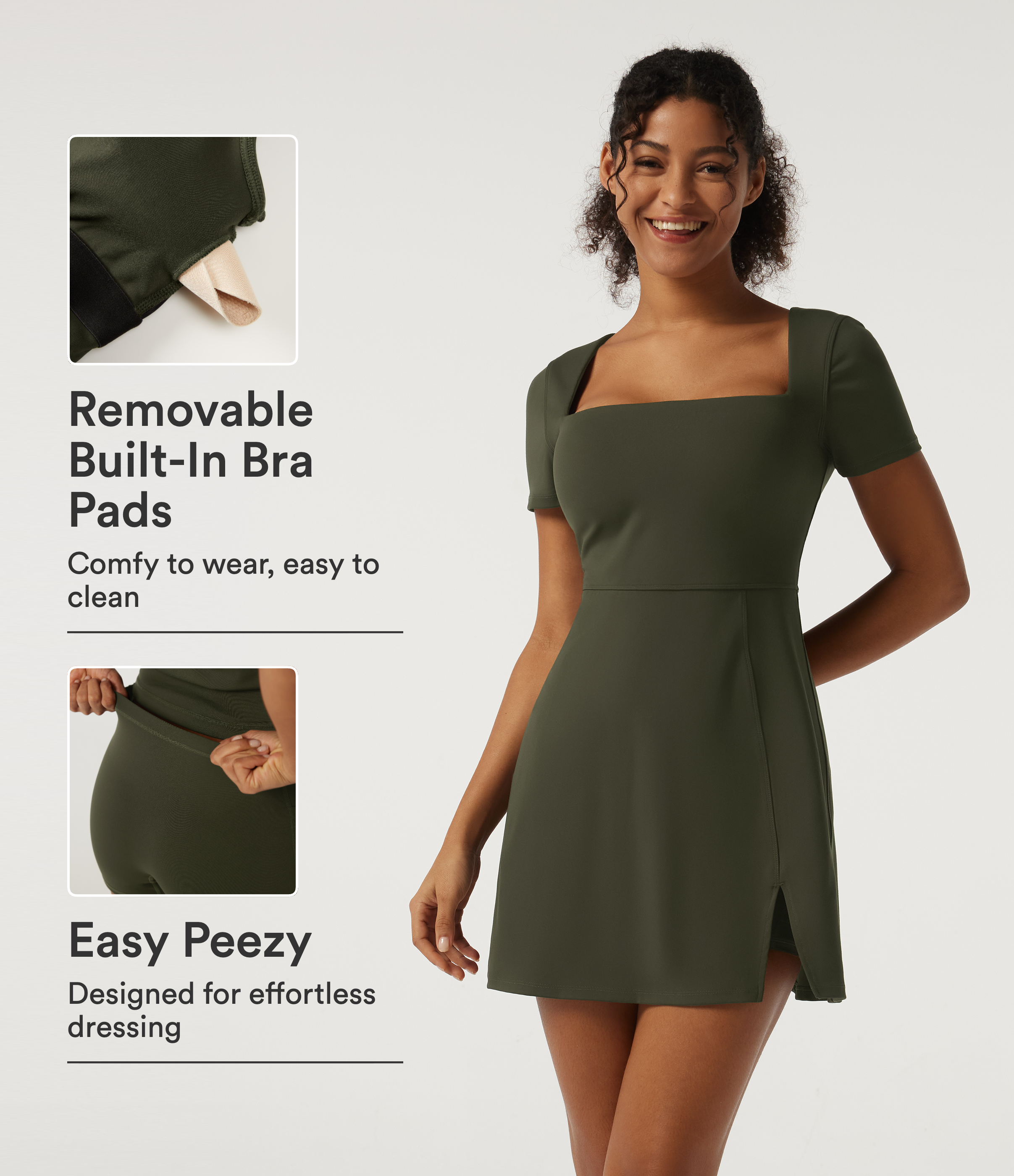 Square Neck A-Line Split Hem Yoga Mini Dress with Built-In Bra and Shorts for DD-F Cups - Easy Peezy Edition
