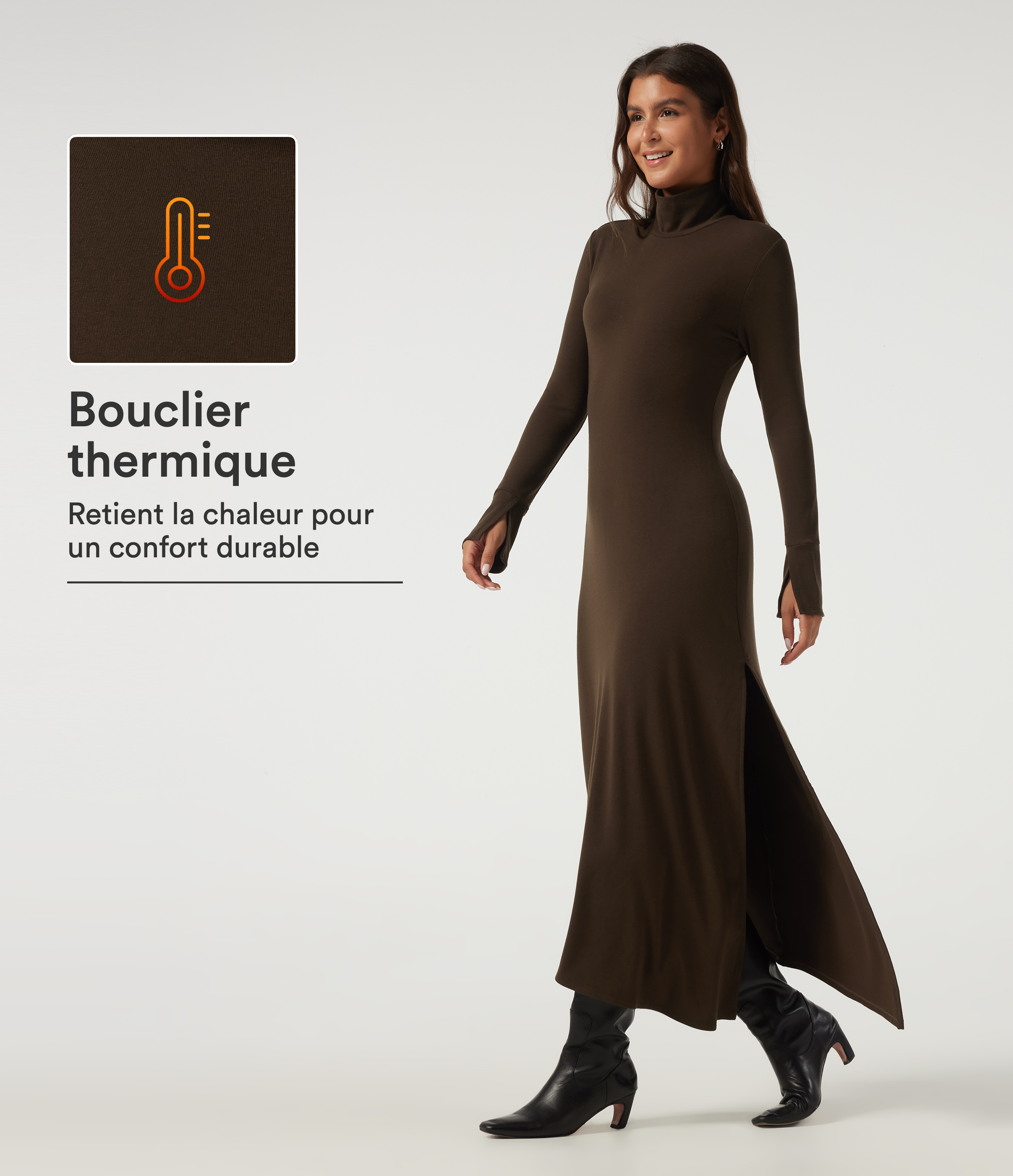 Robe midi thermique moulante asymétrique à col montant manches longues