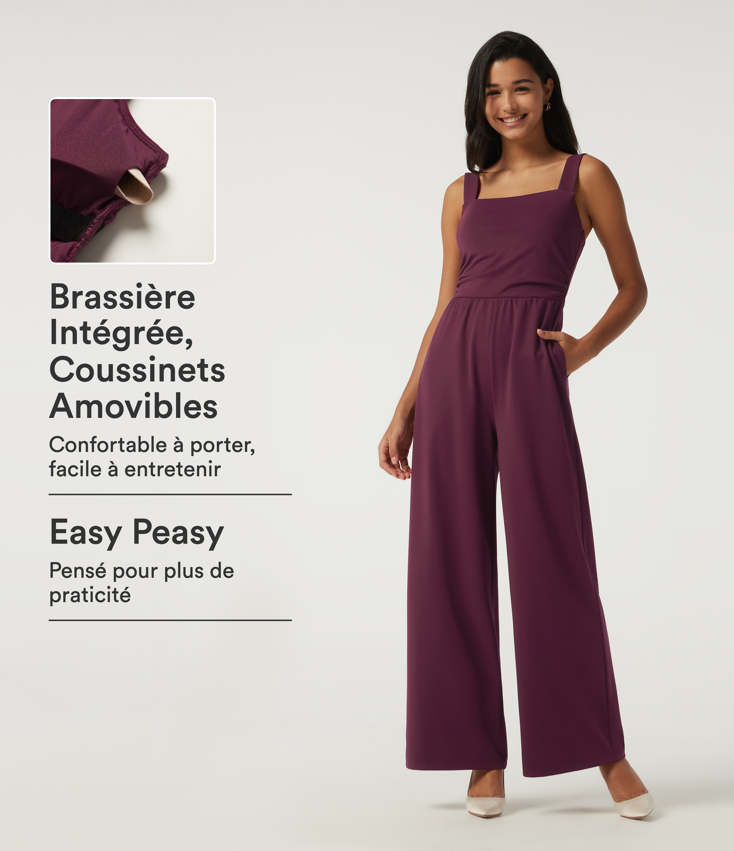 Combinaison de soirée accès facile Easy Peezy Edition à col carré sans manches coupe large avec brassière intégrée et poches