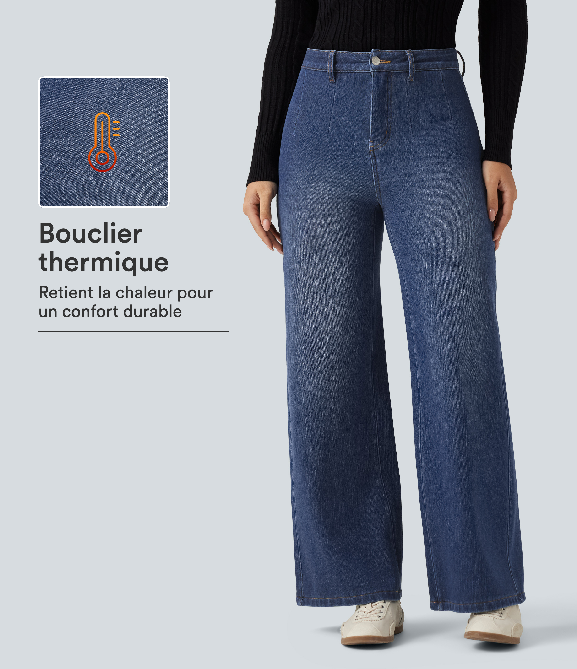 Jean large en coton doublé polaire taille haute avec poches