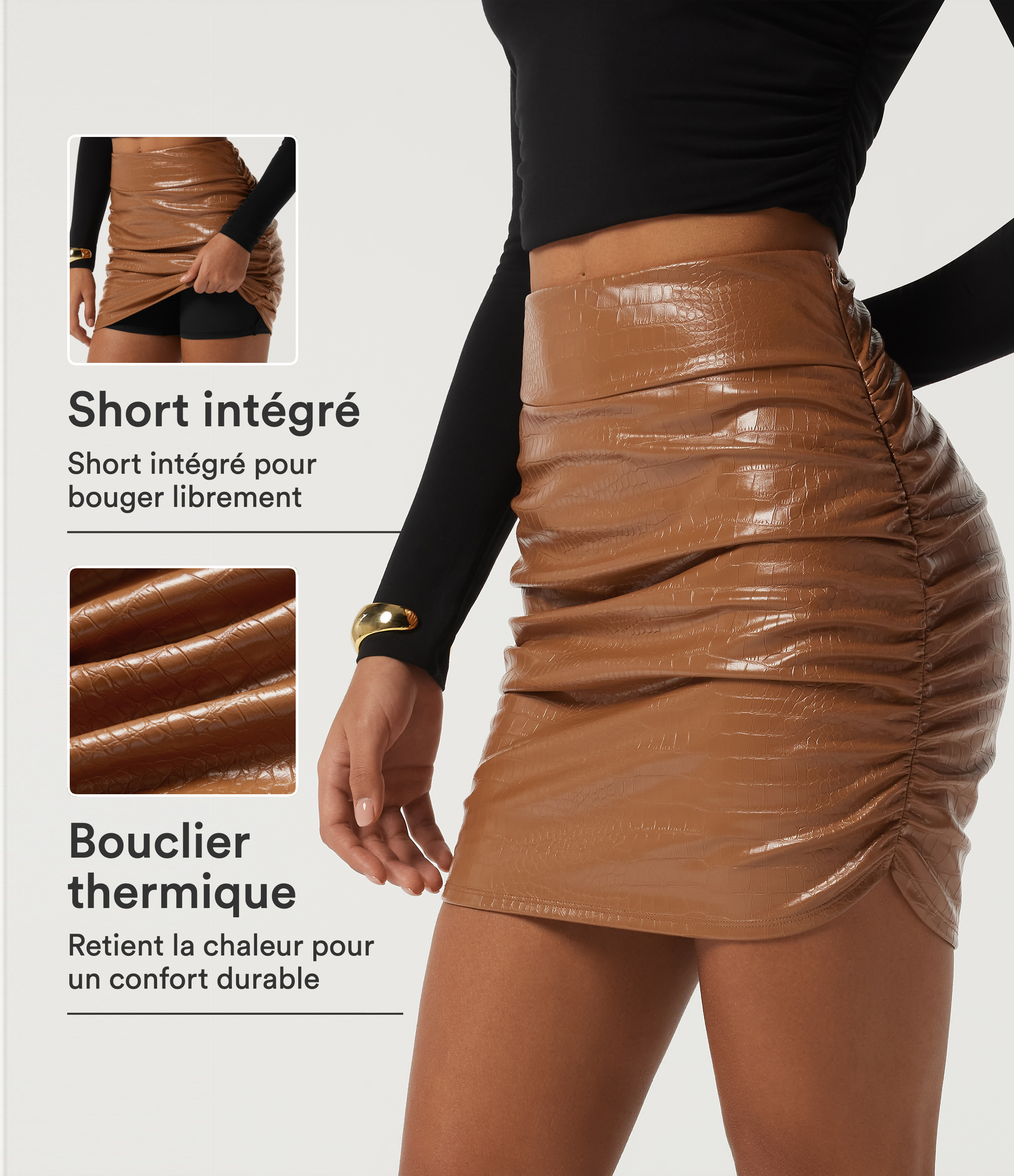 Jupe-short de soirée mini imprimé serpent en simili extensible doublé polaire taille haute avec short intégré