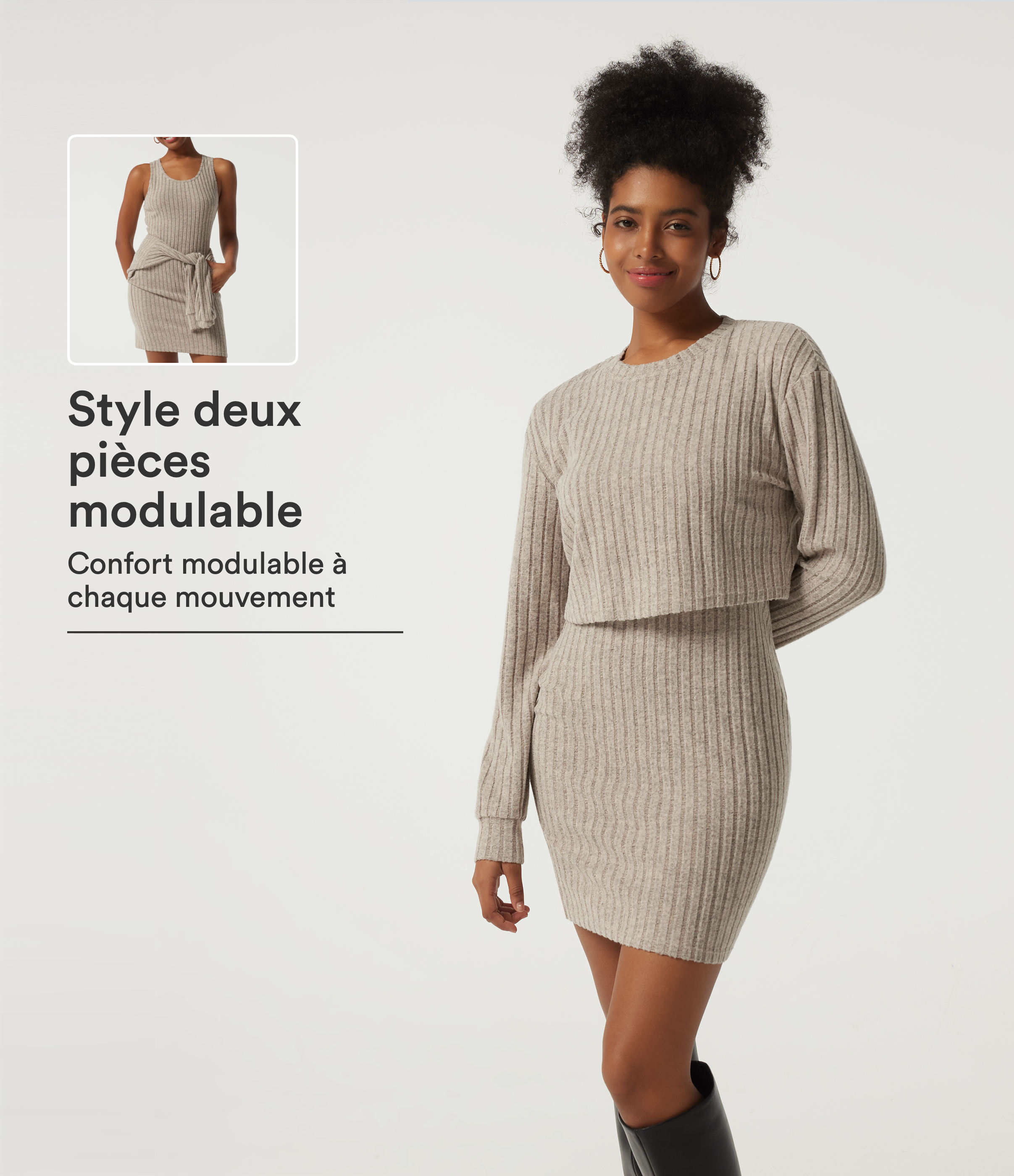 Robe courte 2 pièces moulante en maille côtelée à col rond manches longues