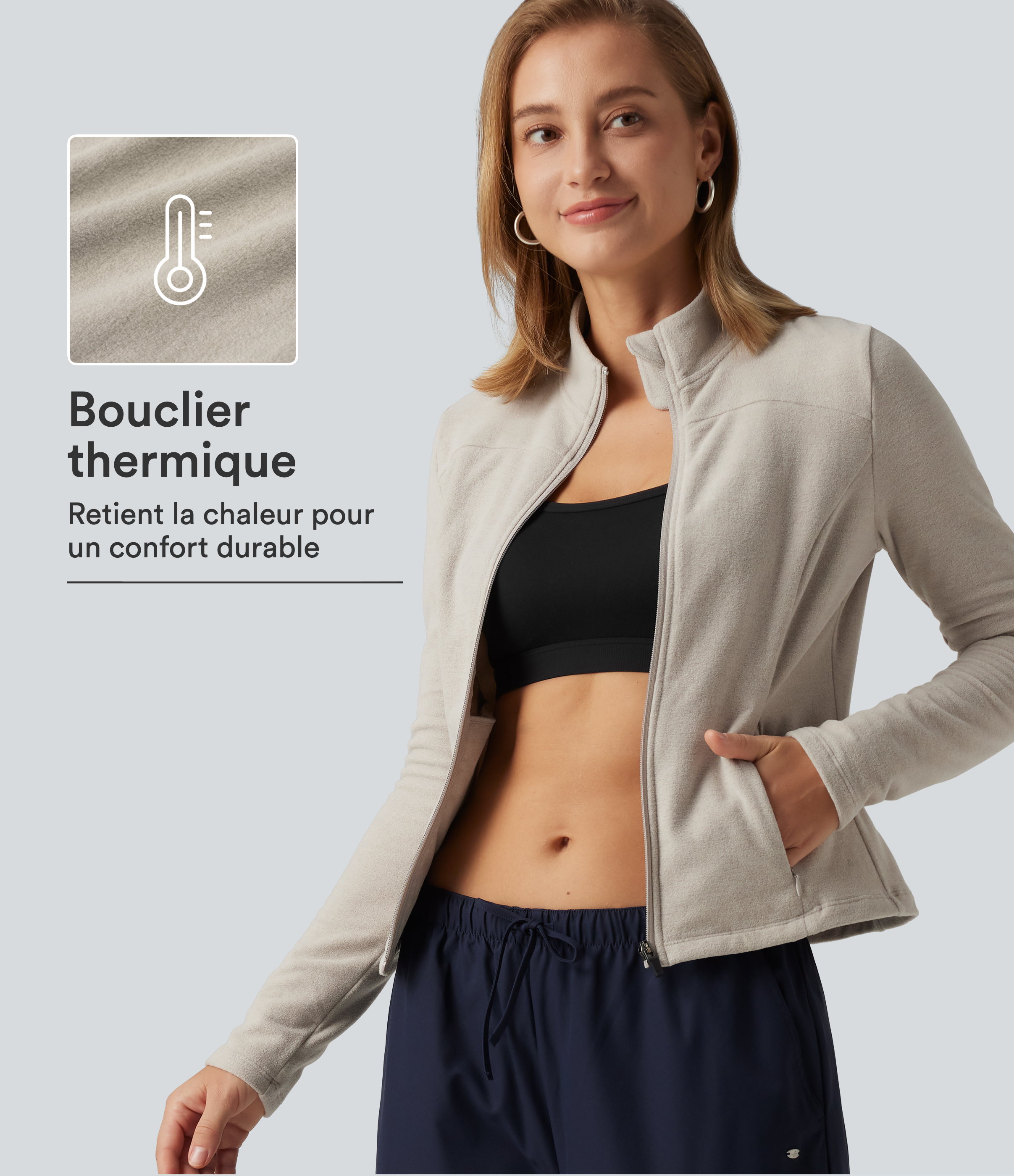 Veste décontractée en polaire à col montant manches longues avec poches
