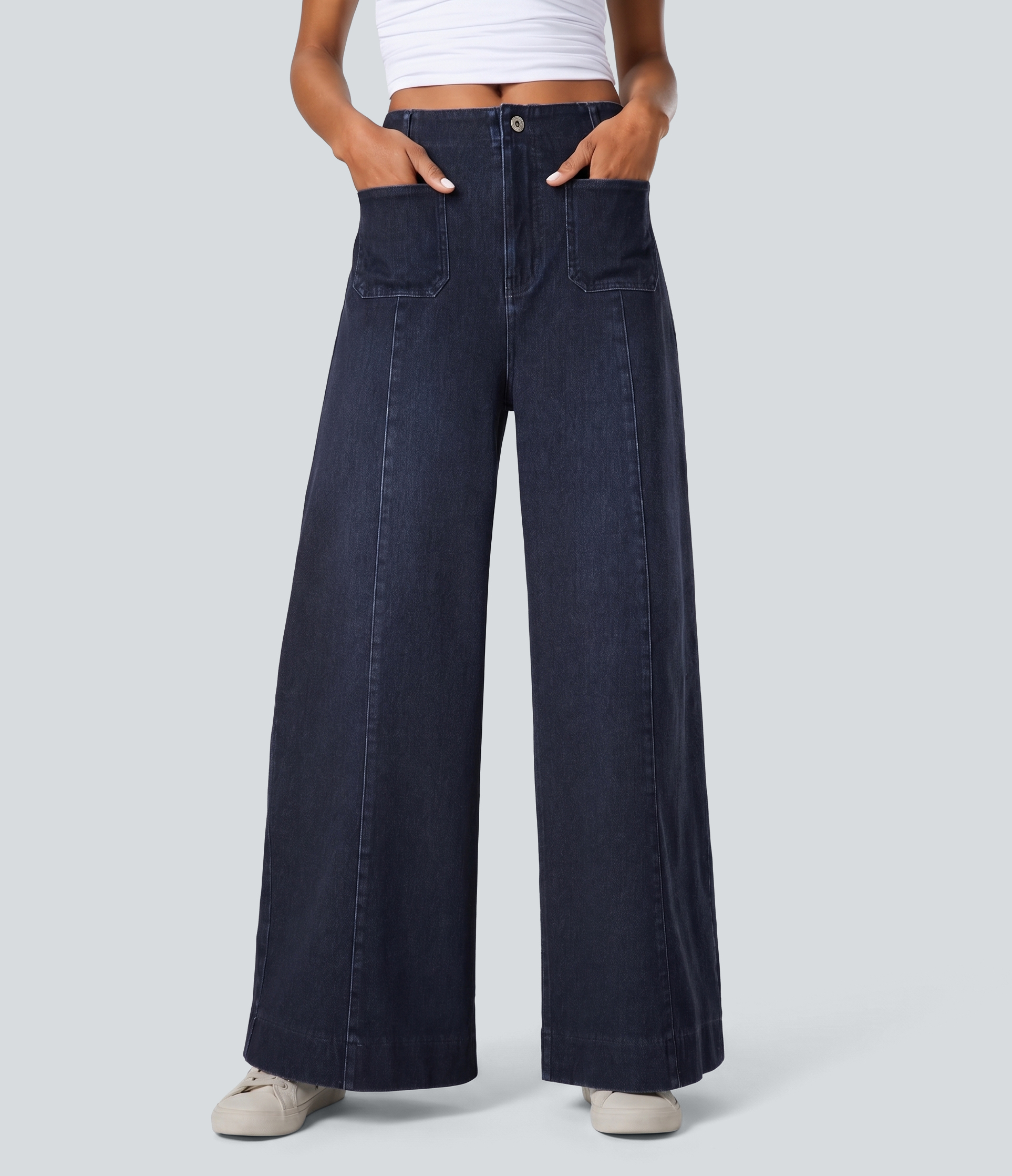 HalaraMagic™ Lässige, gewaschene Jeans aus elastischem Strick Denim mit hohem Bund, Seitentaschen und weitem Bein