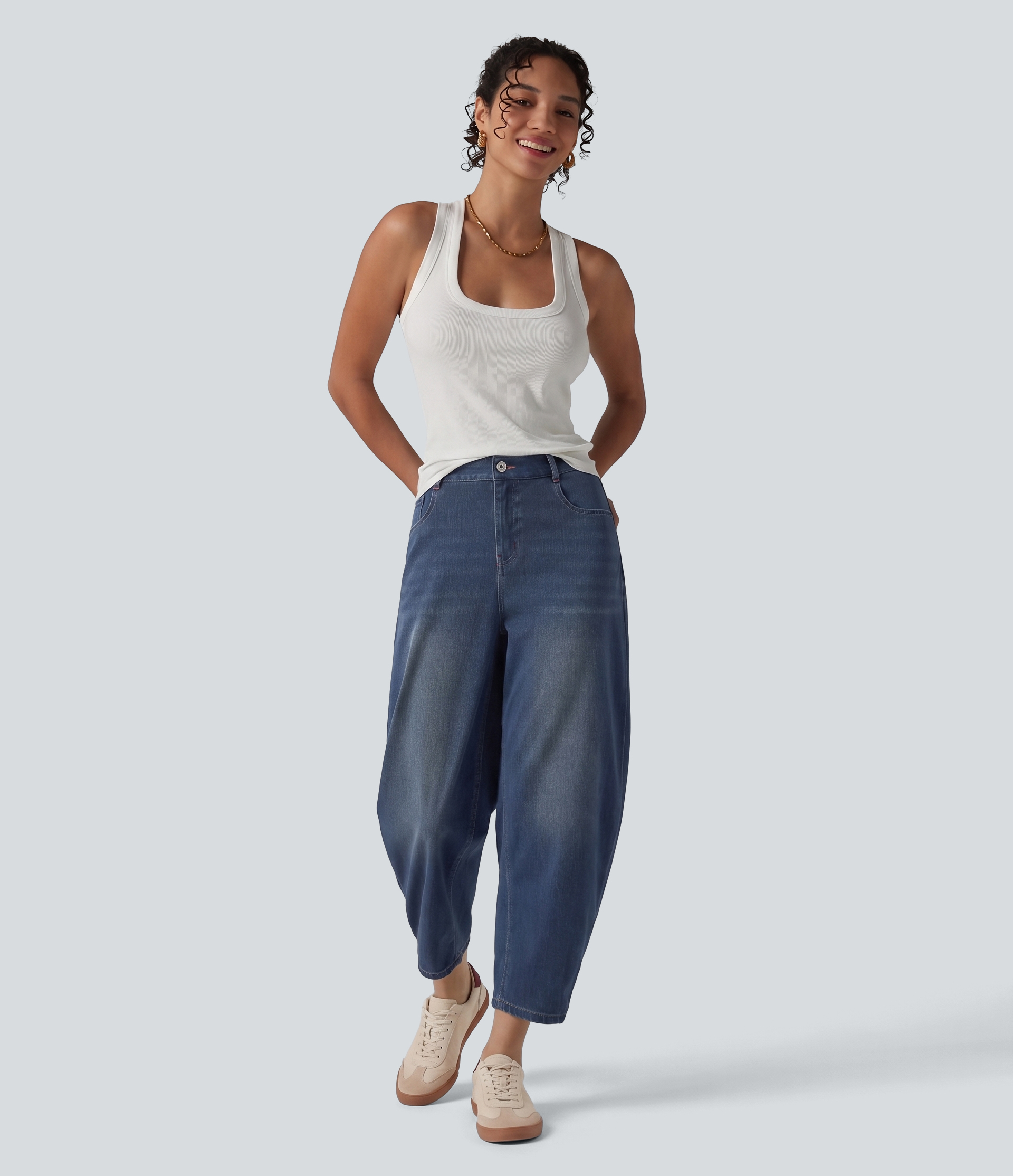 Halara Flex™ - Lässige Jeans mit mittelhohem Bund, mehreren Taschen und Barrel-Leg