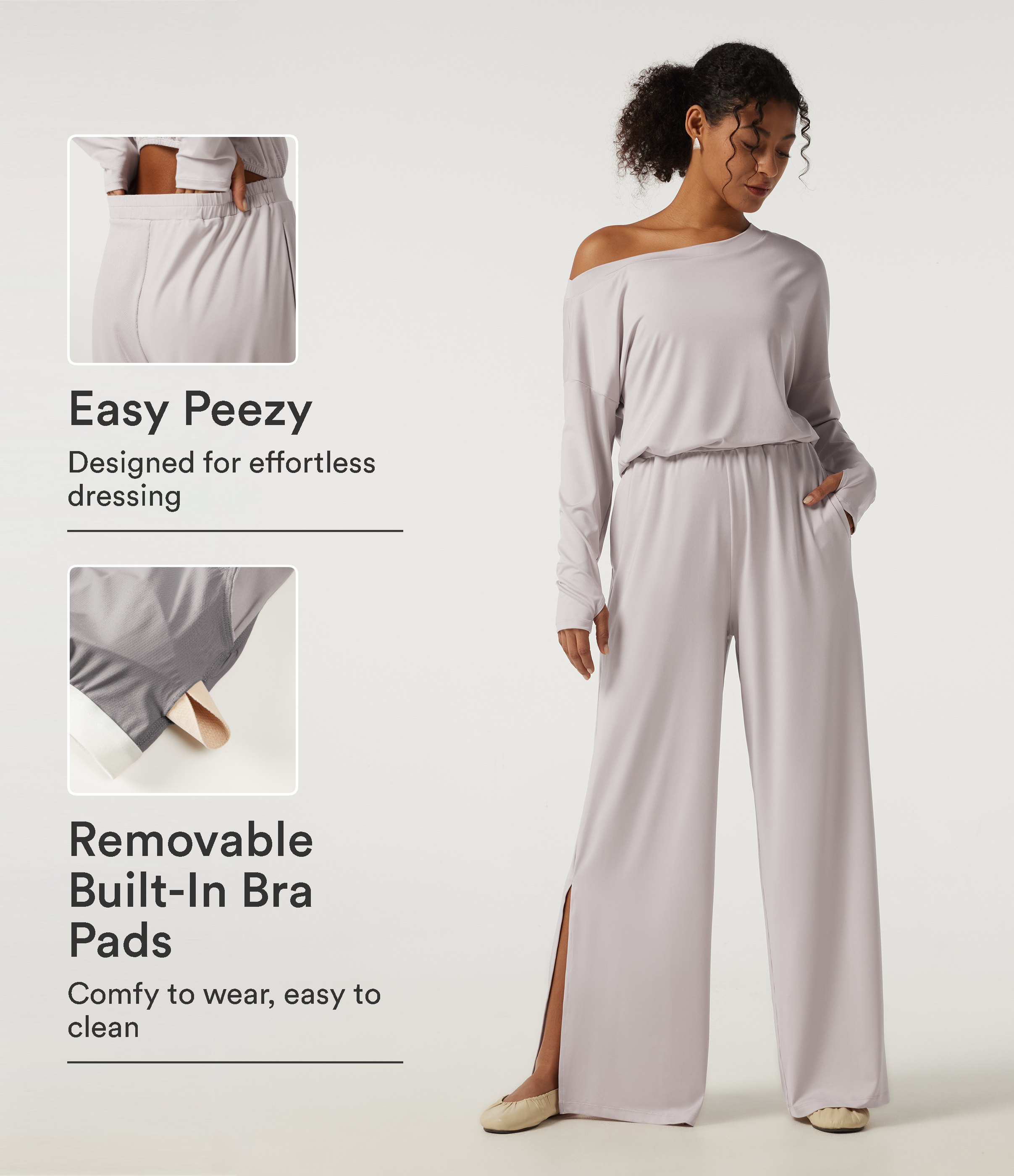 One Shoulder Long Sleeve Wide Leg Casual Jumpsuit with Built-in Bra and Pockets -Easy Peezy Edition