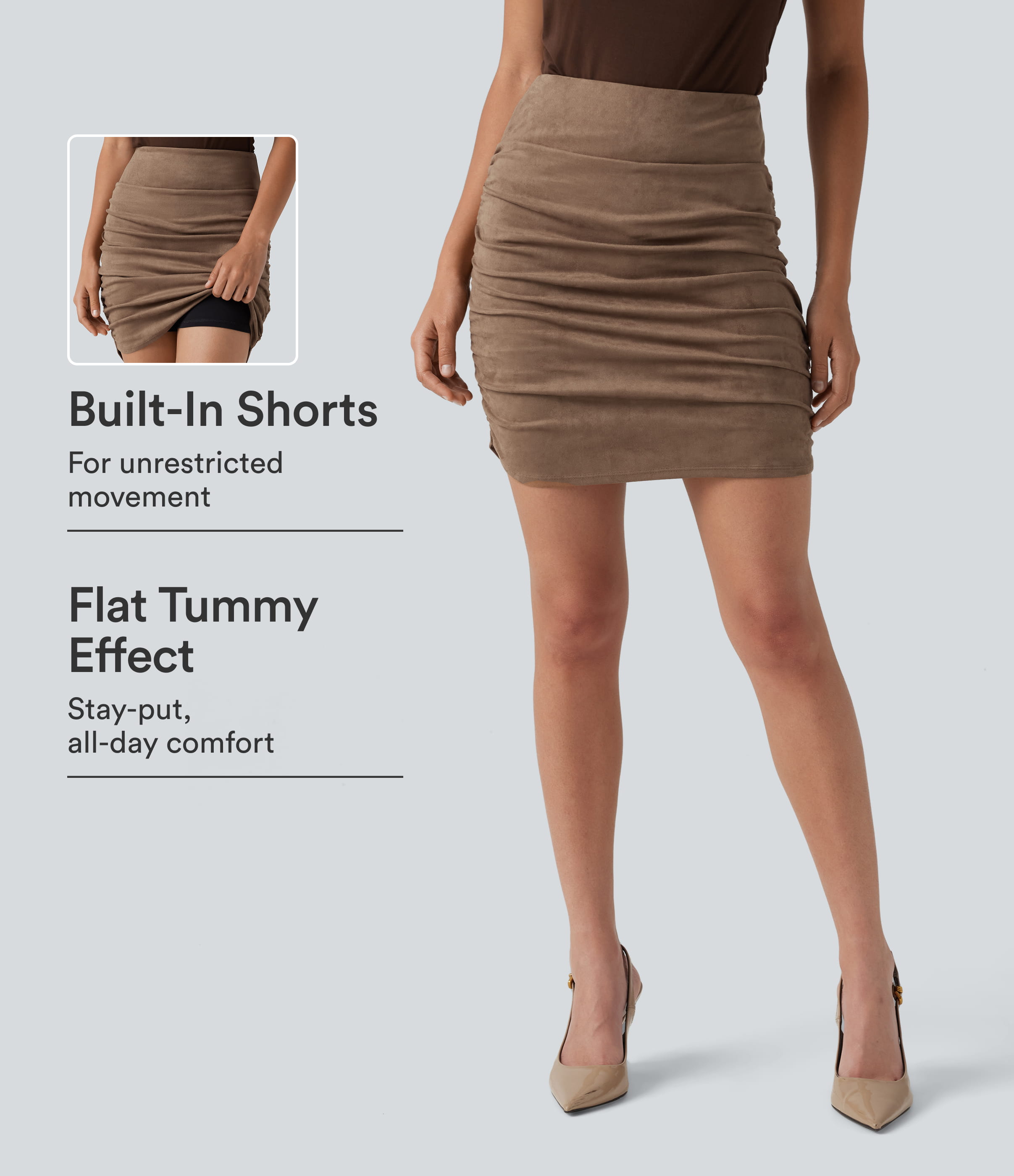 High Waisted Tummy Control Ruched Curved Hem Bodycon 2-in-1 Suede Mini Skirt-Longer Length
