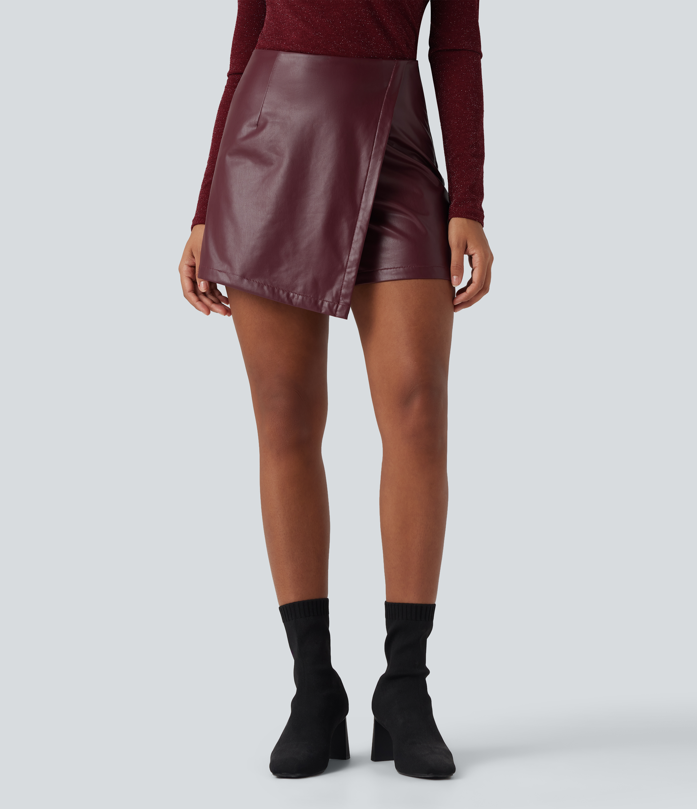 High Waisted Mini Fleece Casual PU Leather Skort