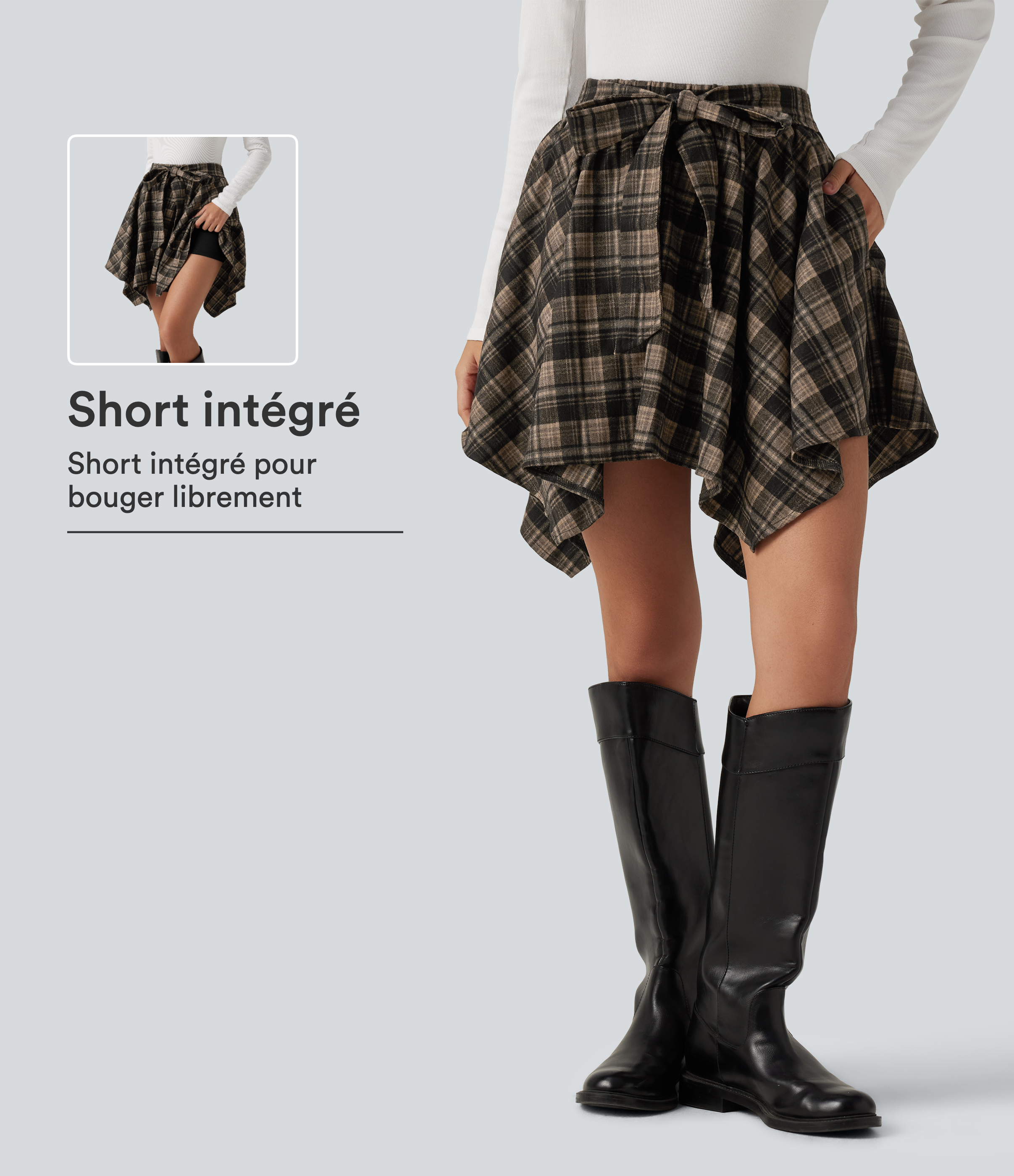 Jupe-short mini taille haute à nouer devant, motif tartan et poches