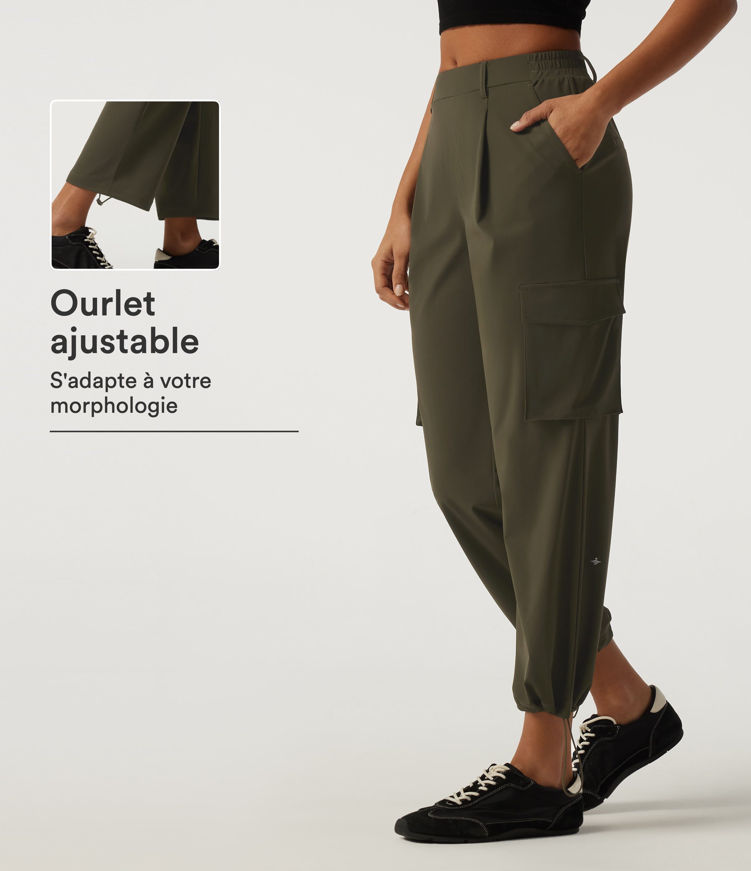 Pantalon cargo de running fuselé taille mi-haute à séchage rapide et défroissage facile avec poches
