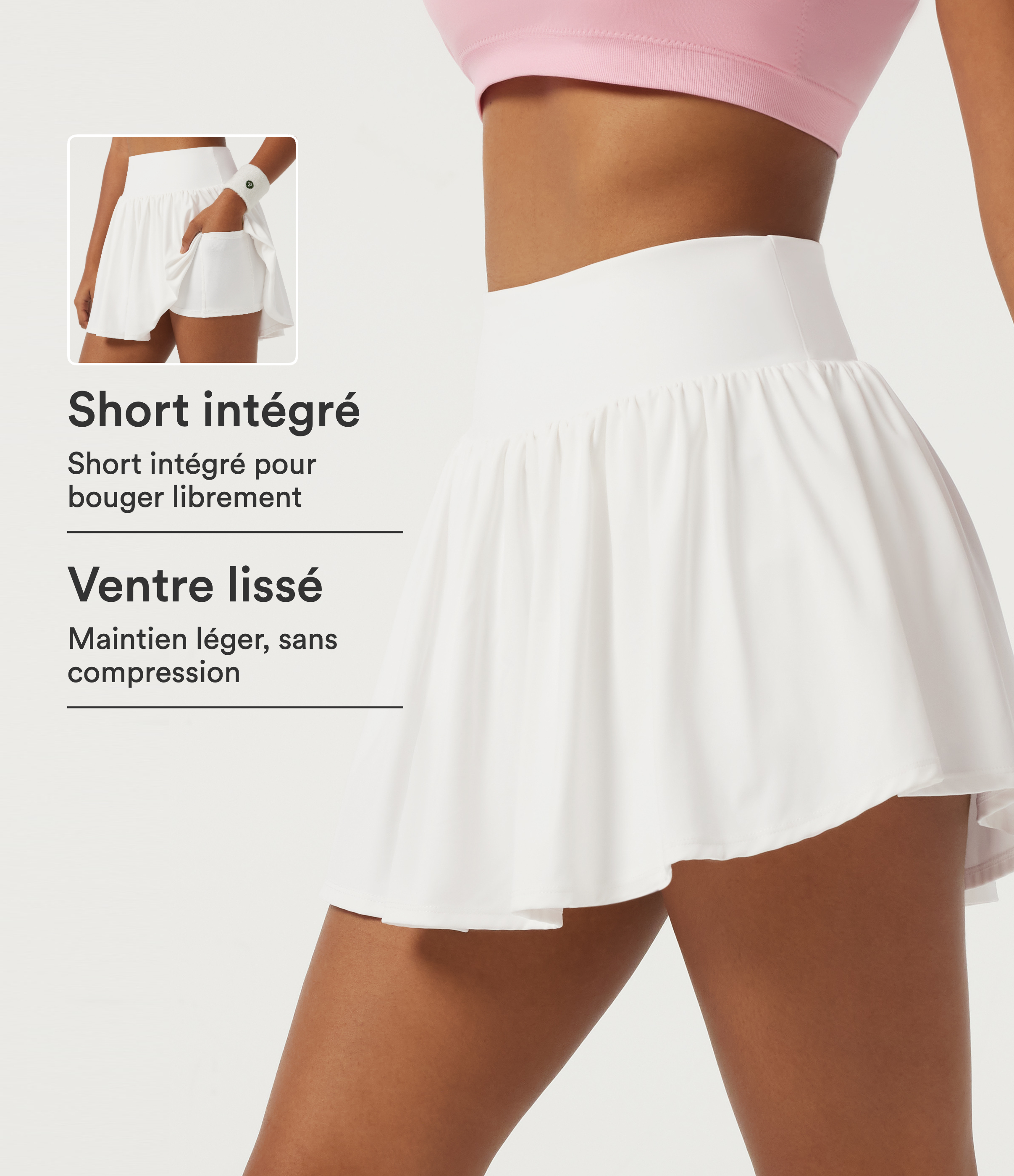 Jupe-short de sport courte SoftlyZero™ Airy taille haute gainante coupe trapèze avec poches