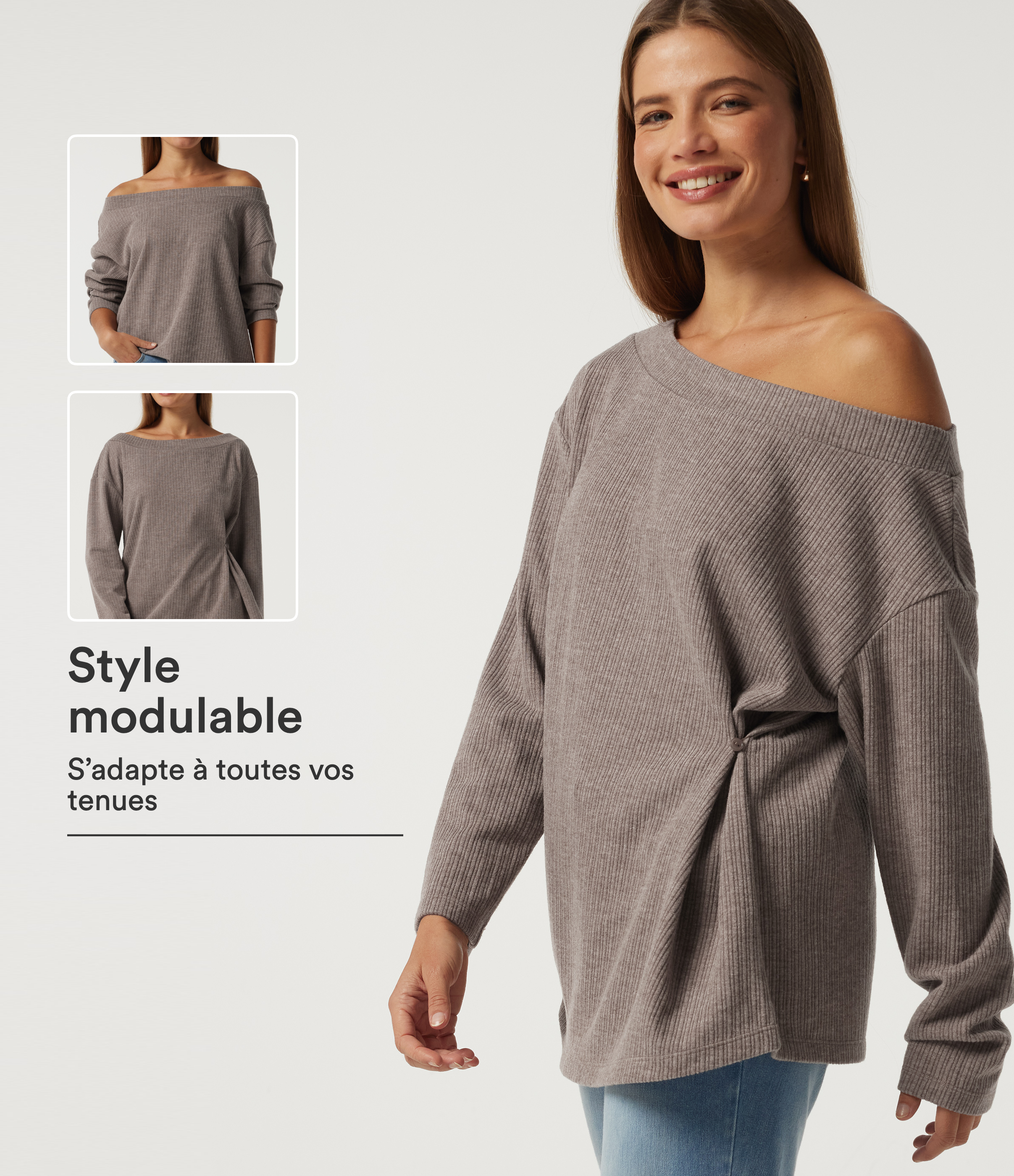 Mocha Meringue Top côtelé à épaules dénudées manches longues avec fronces / 1